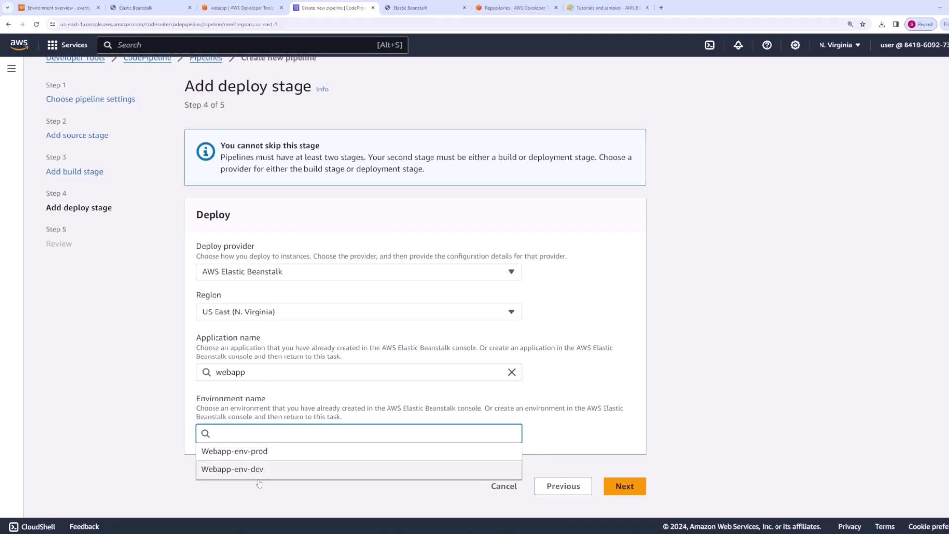 The image shows the AWS CodePipeline deploy stage configuration with Elastic Beanstalk settings.