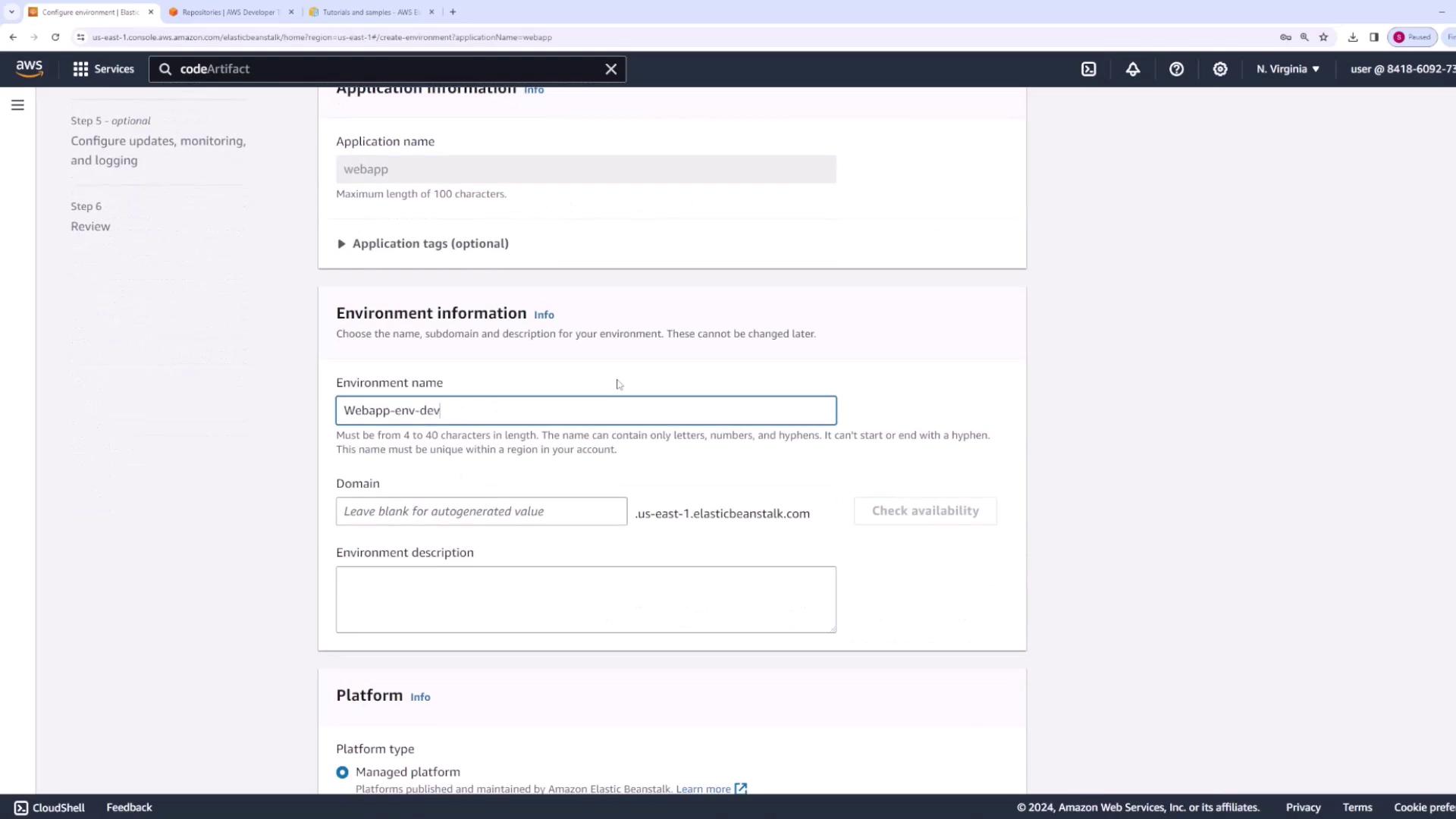 The image shows the AWS Elastic Beanstalk configuration page for setting up environment details.