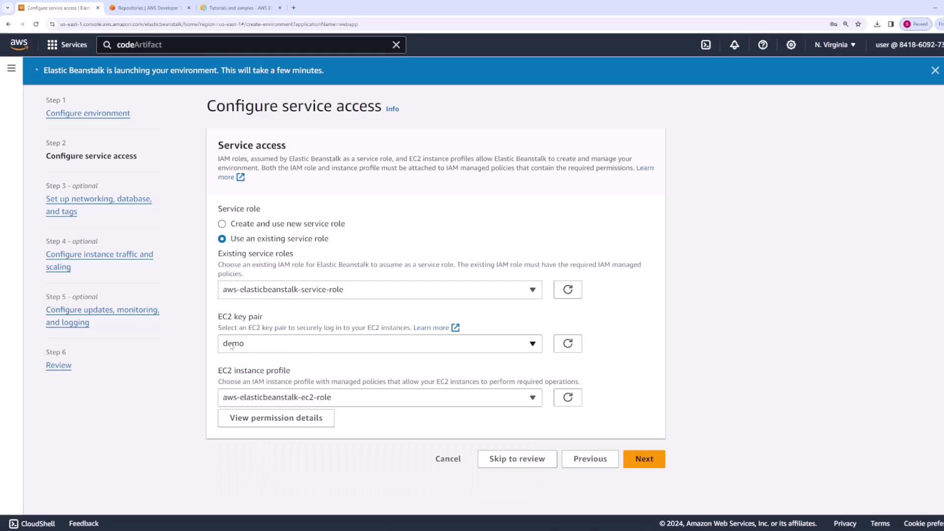 The image shows the AWS Elastic Beanstalk configuration screen for service access settings (production).