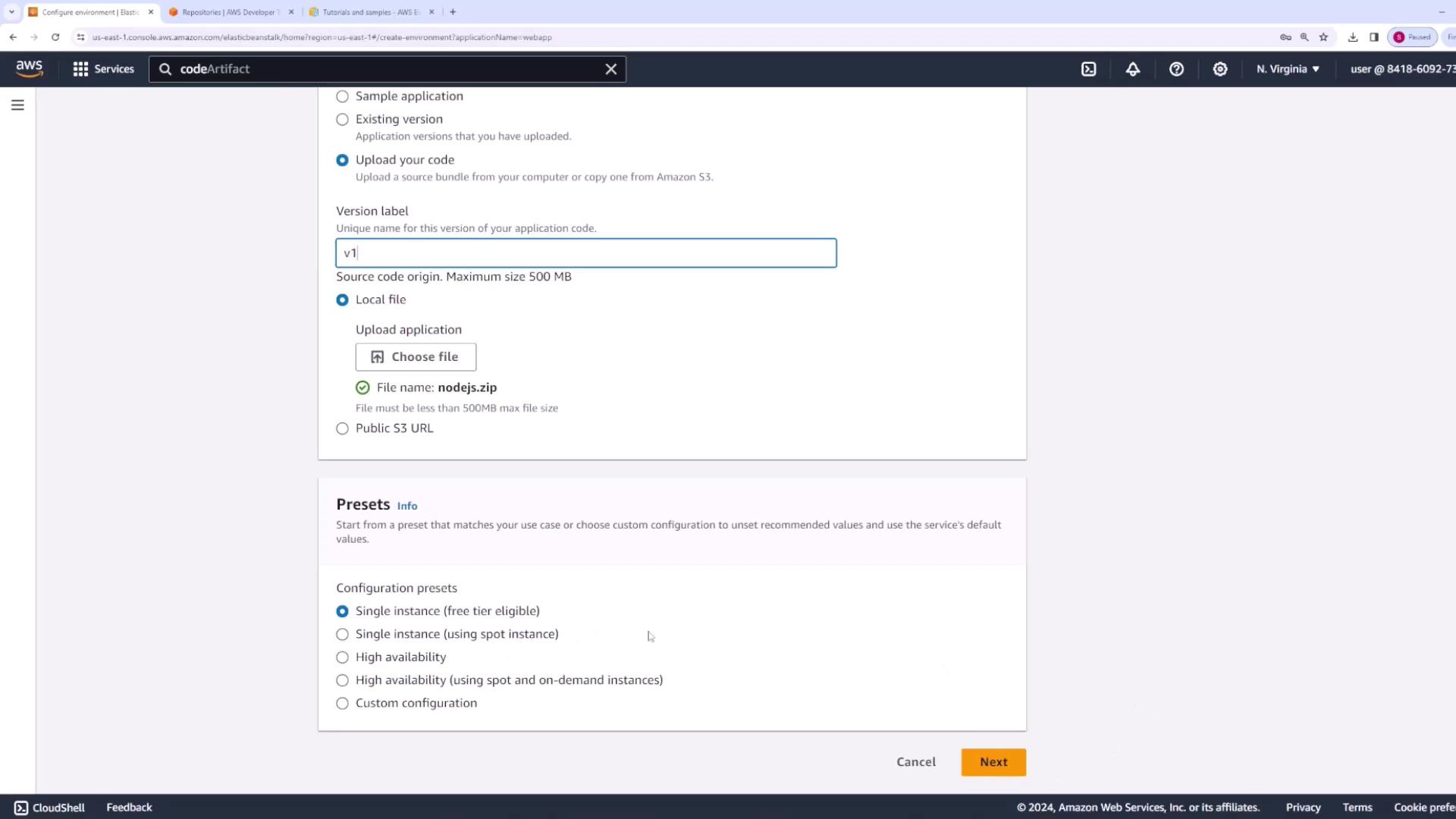 The image shows the AWS Elastic Beanstalk configuration screen for uploading application code.