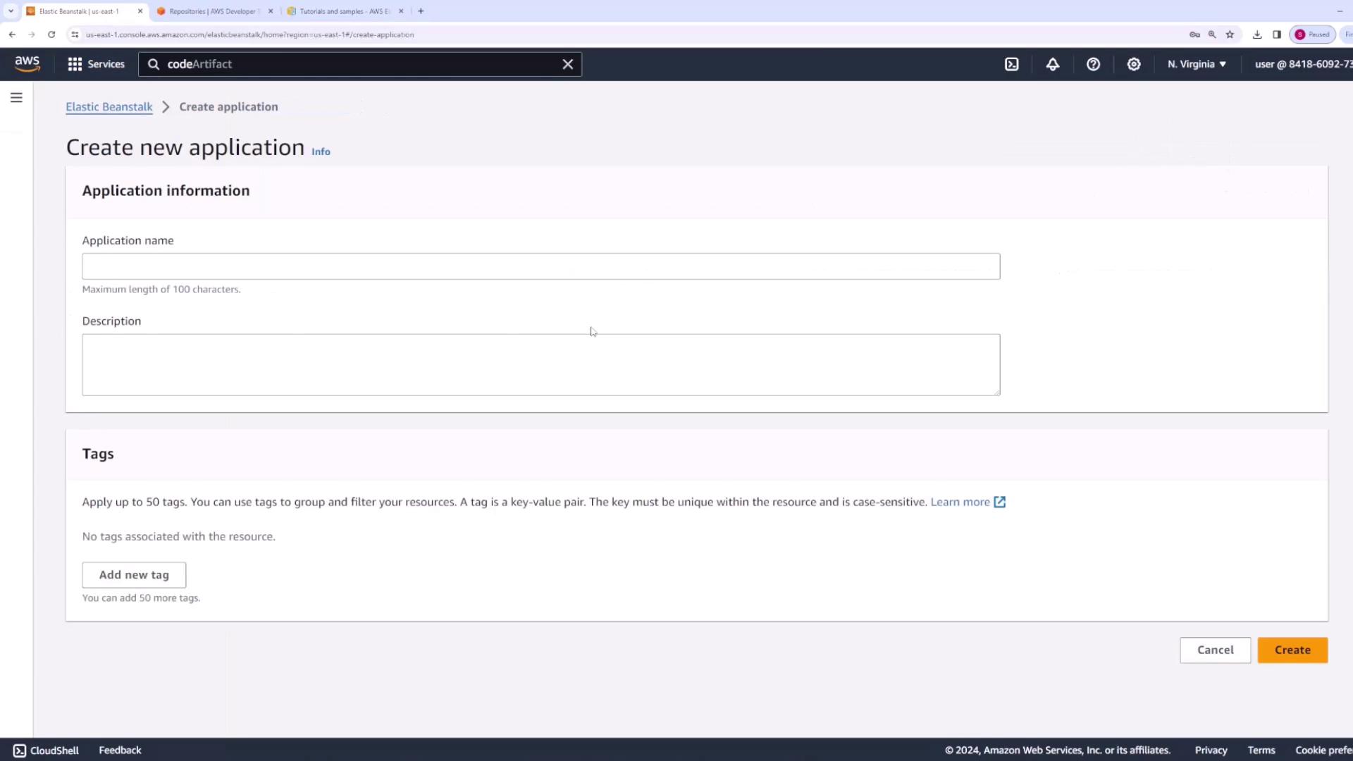 The image shows the AWS Elastic Beanstalk interface for creating a new application.