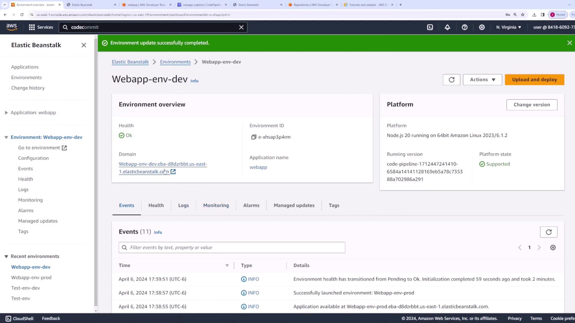 The image shows the Elastic Beanstalk environment dashboard after the update.