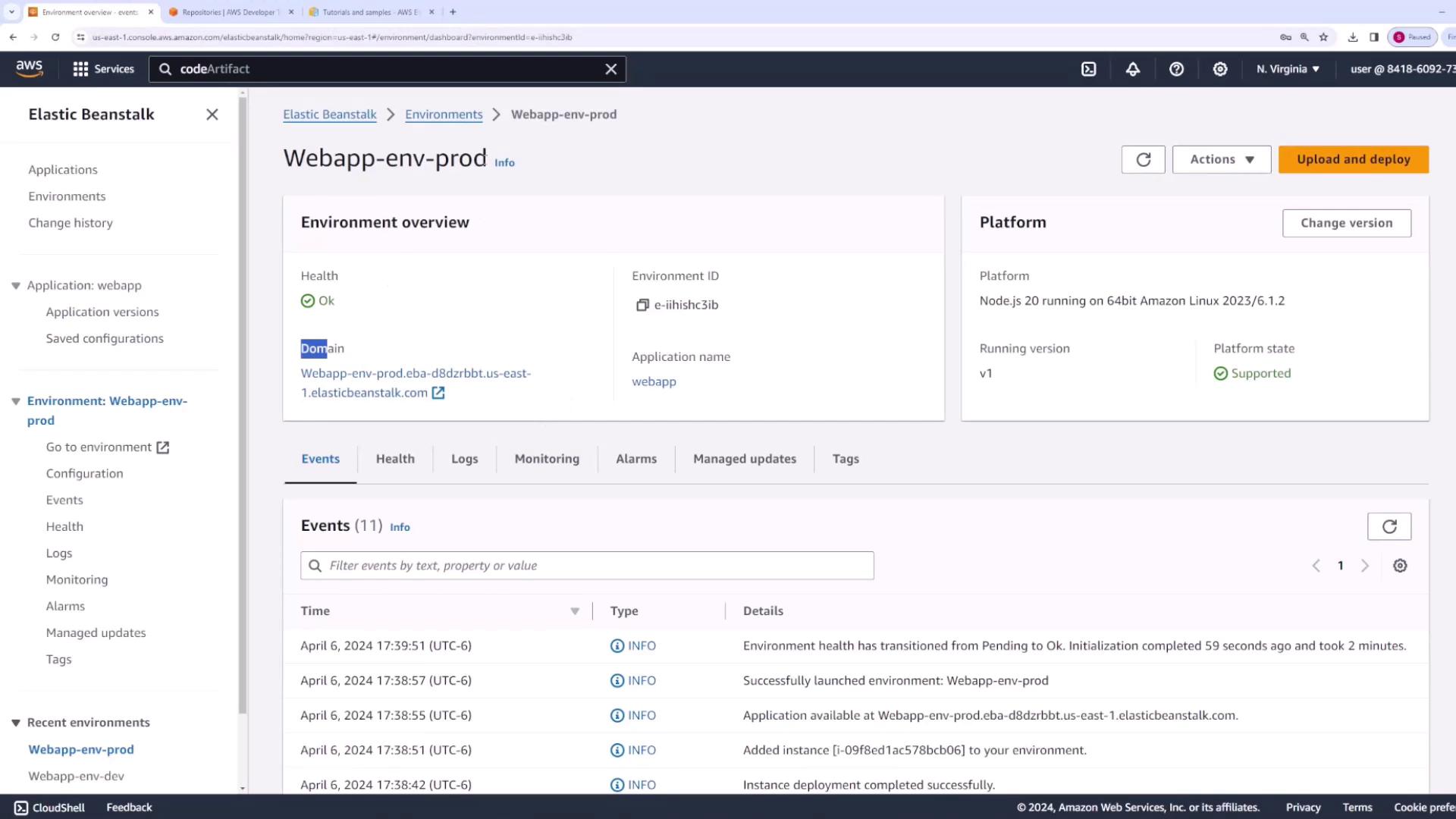Dashboard for "Webapp-env-prod" showing details such as health status and platform information.