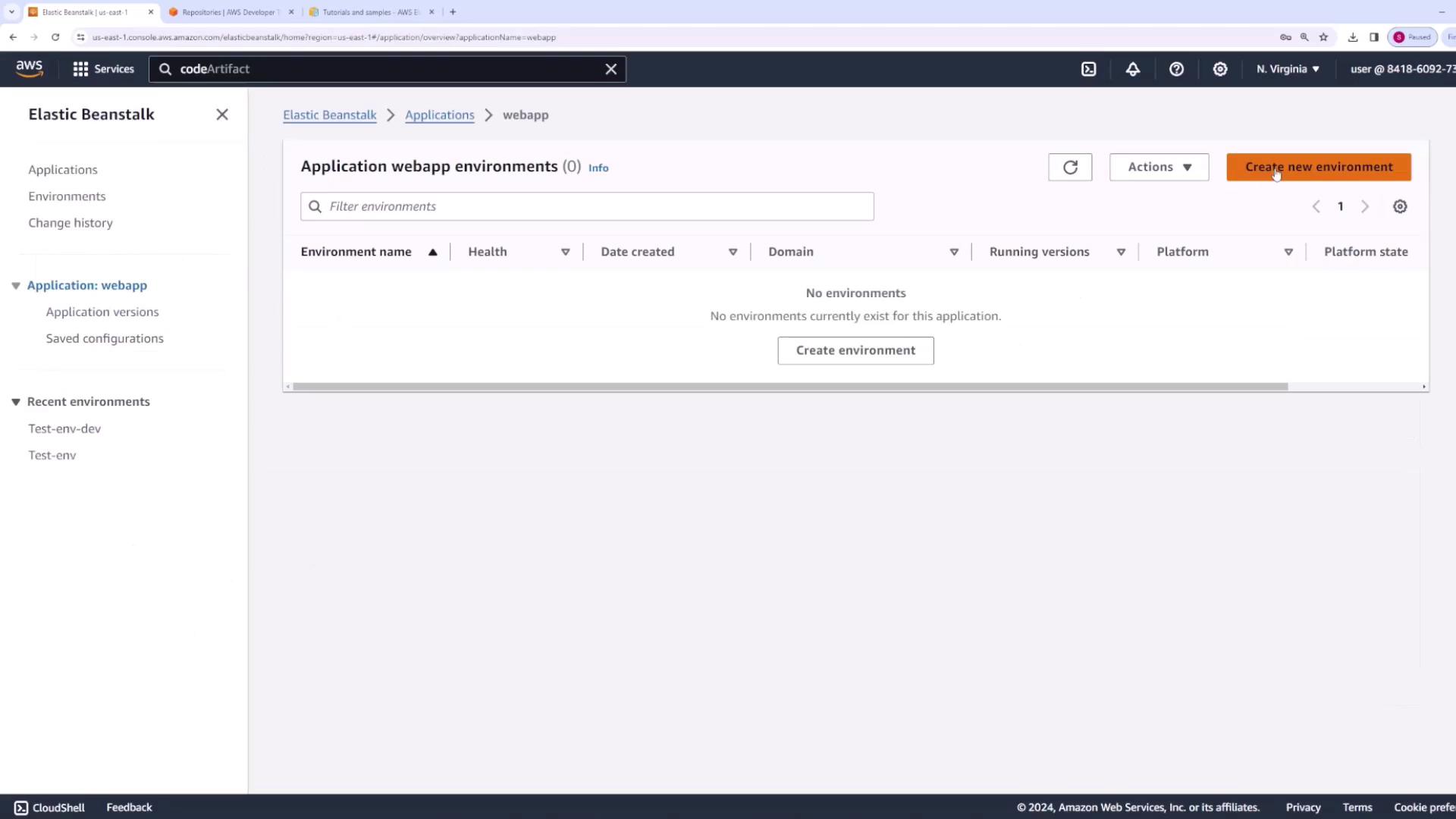 The image shows the AWS Elastic Beanstalk console lacking any existing environments.