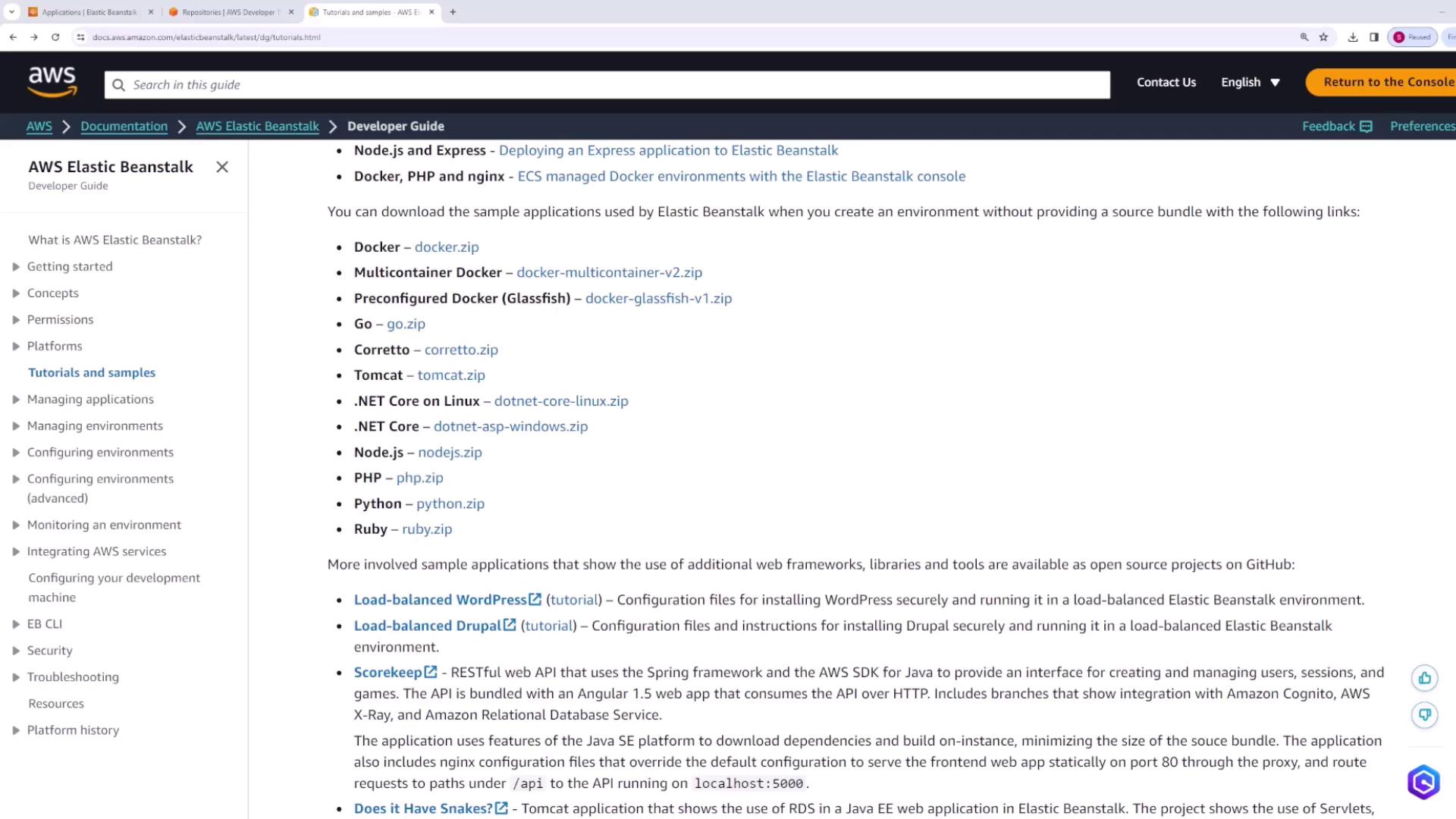 The image shows the AWS Elastic Beanstalk Developer Guide webpage listing tutorials and sample applications.