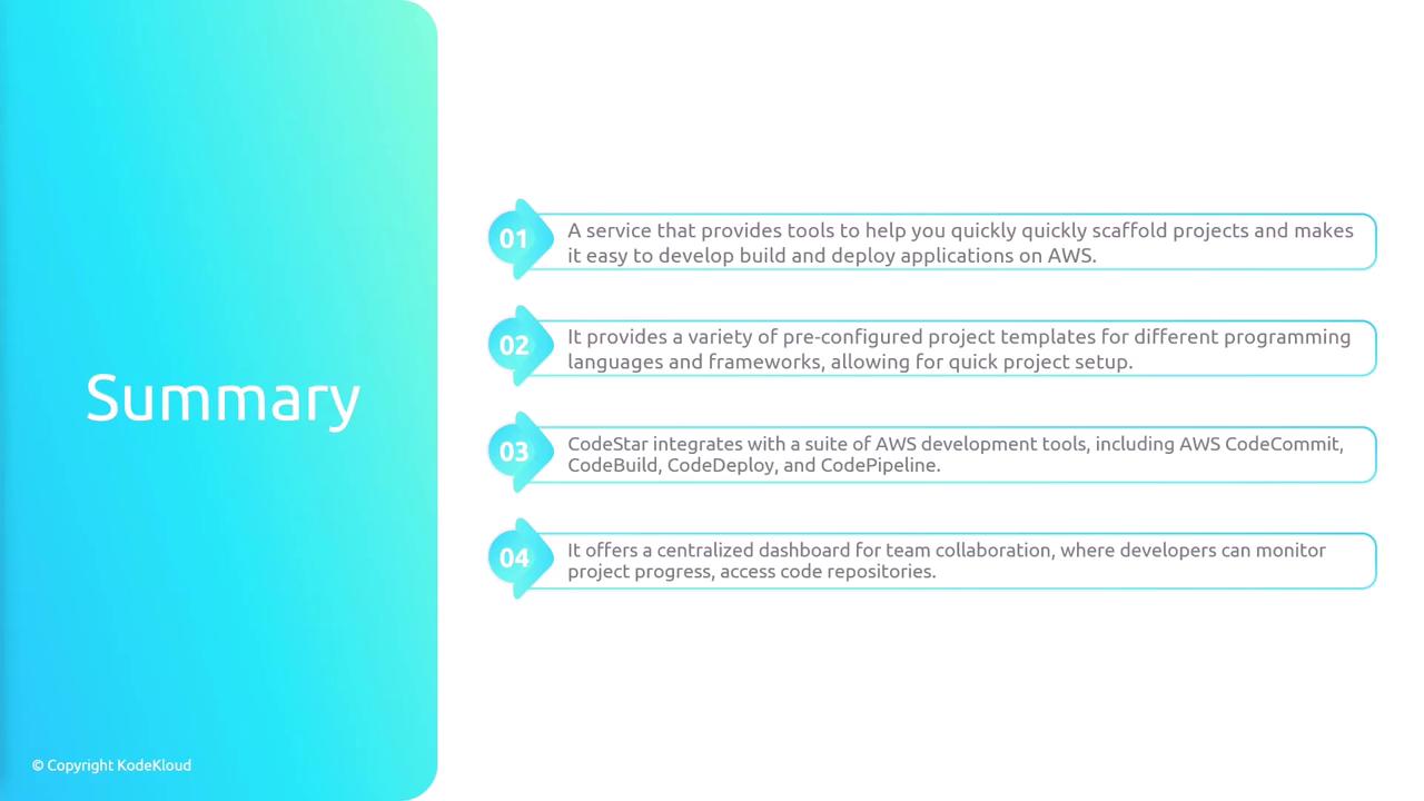 The image is a summary slide describing a service that provides tools for developing, building, and deploying applications on AWS, with features like pre-configured templates, integration with AWS development tools, and a centralized dashboard for collaboration.