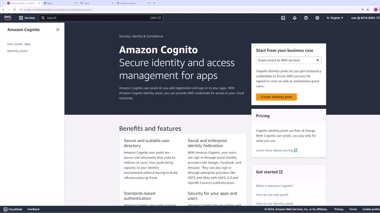 The image shows the Amazon Cognito page on the AWS website, highlighting secure identity and access management for apps, with sections on benefits, features, and pricing.