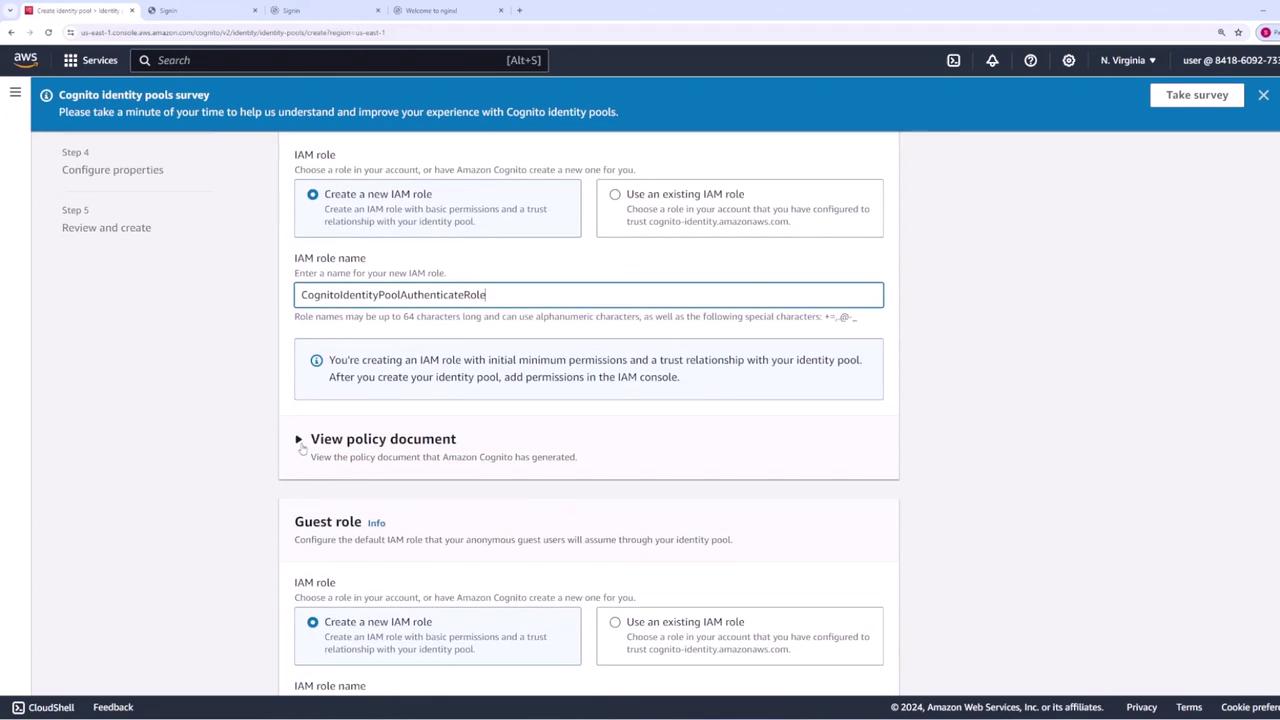 The image shows an AWS Cognito Identity Pools configuration screen where a new IAM role is being created, with options to create or use an existing IAM role.