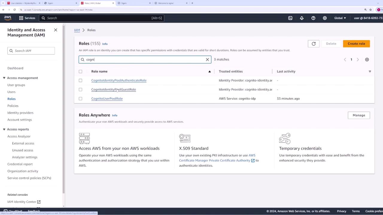 The image shows the AWS Identity and Access Management (IAM) console, specifically the "Roles" section, with a search for roles related to "Cognito." Three roles are listed with their trusted entities and last activity details.