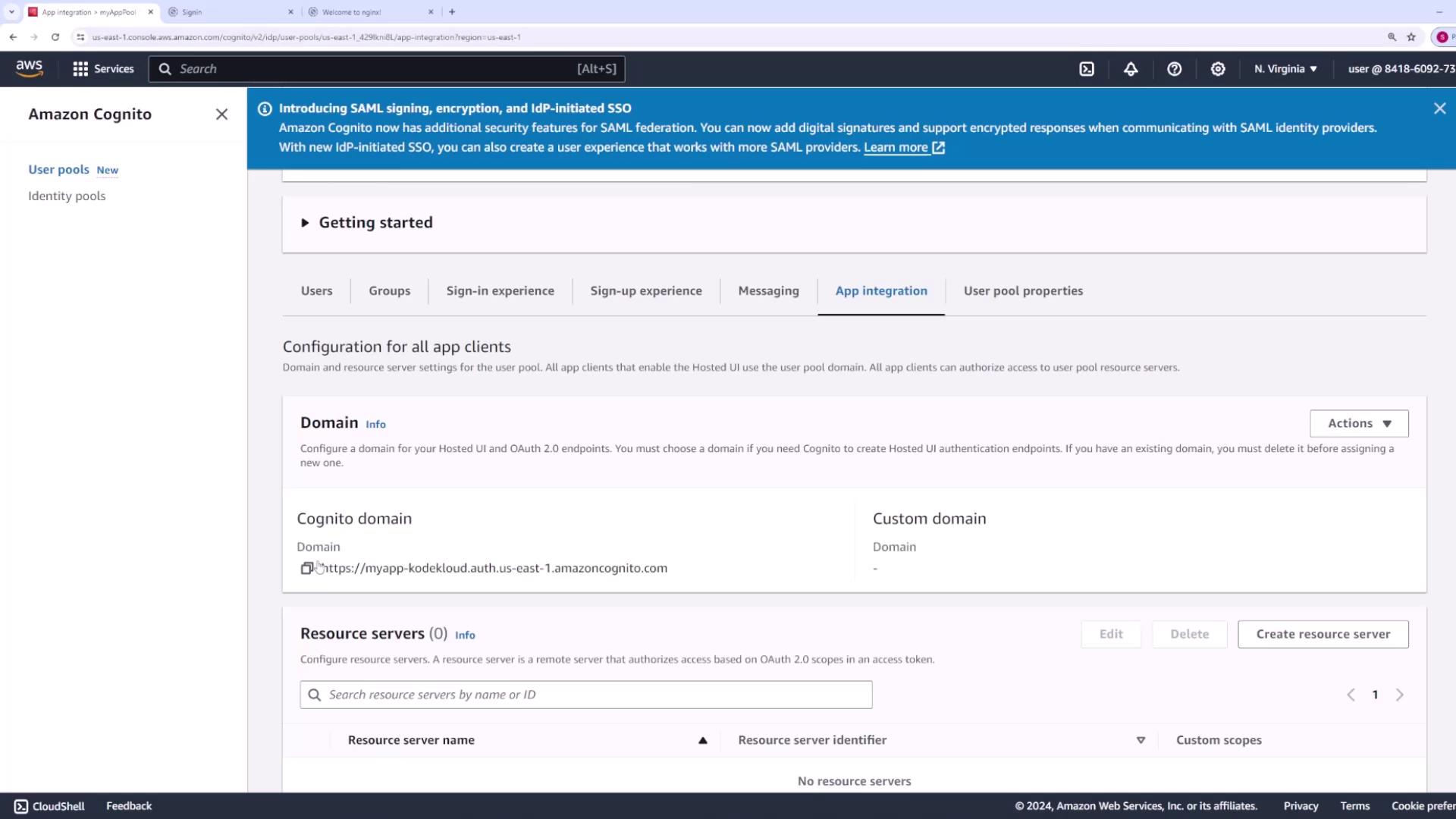 The image shows the Amazon Cognito console, specifically the "App integration" section, where configuration options for domains and resource servers are displayed.
