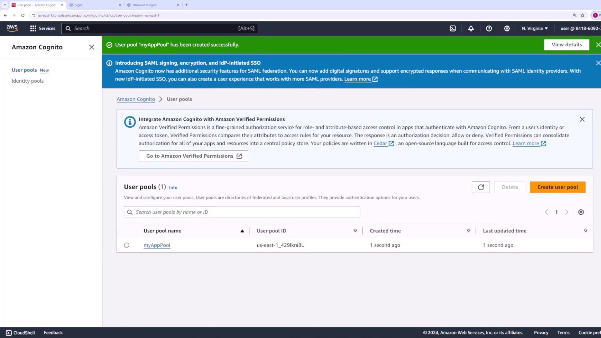 The image shows the Amazon Cognito dashboard on AWS, indicating that a user pool named "myAppPool" has been created successfully. It also highlights features like SAML signing, encryption, and IdP-initiated SSO.