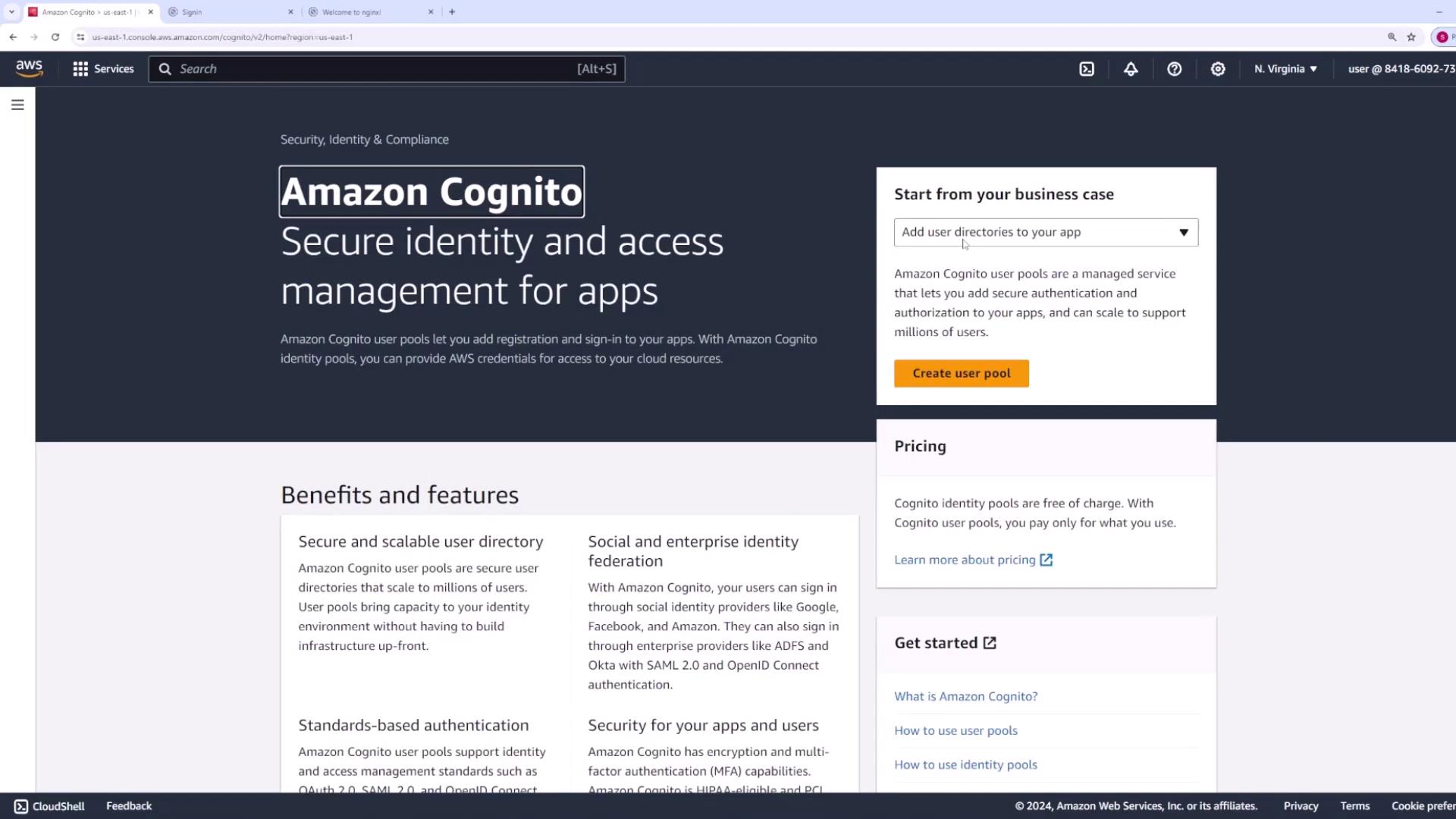 The image shows the Amazon Cognito webpage, highlighting its features for secure identity and access management for apps, along with options for creating user pools and information on pricing and benefits.