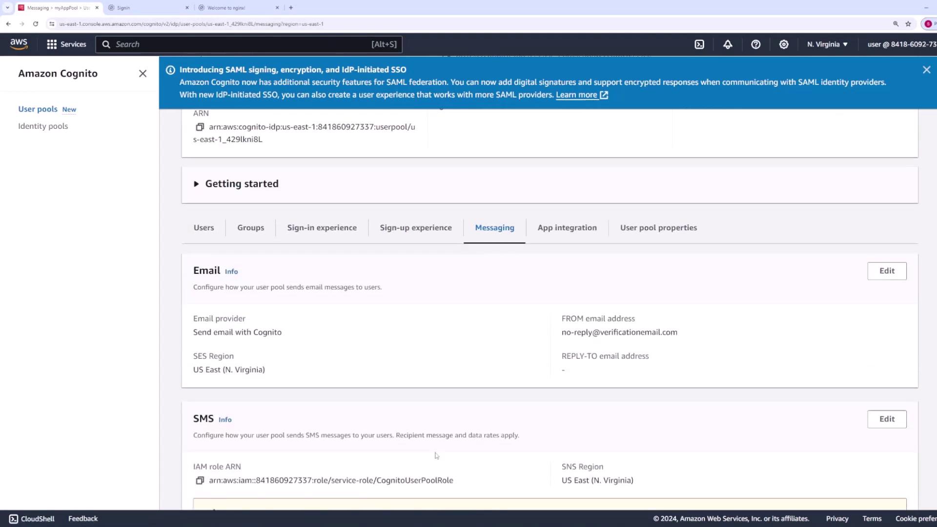The image shows the Amazon Cognito dashboard, specifically the "Messaging" section, where email and SMS configurations for user pools are displayed. It includes options for setting email providers and regions for both email and SMS services.