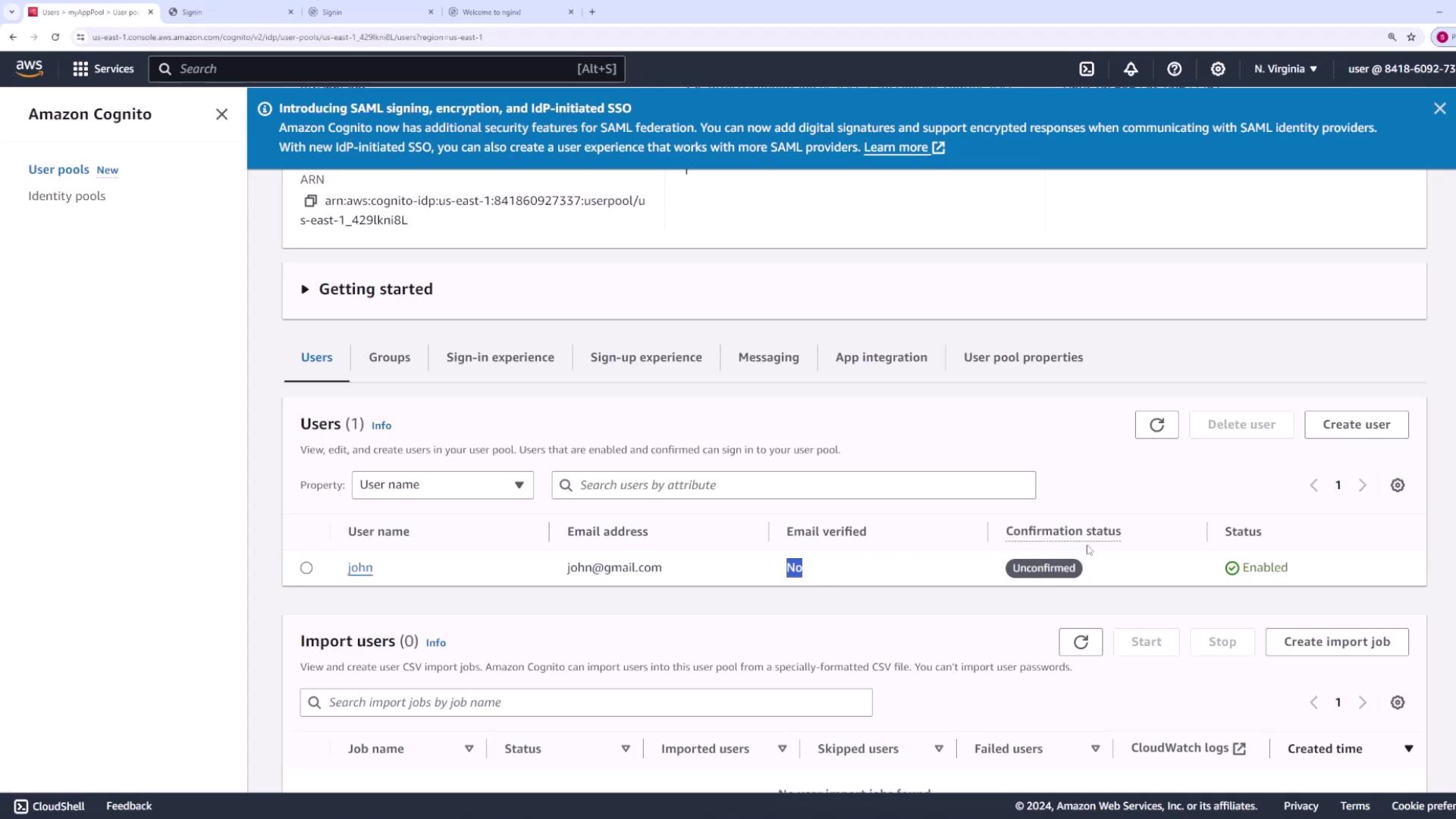The image shows the Amazon Cognito user management interface, displaying user details such as username, email address, and verification status.