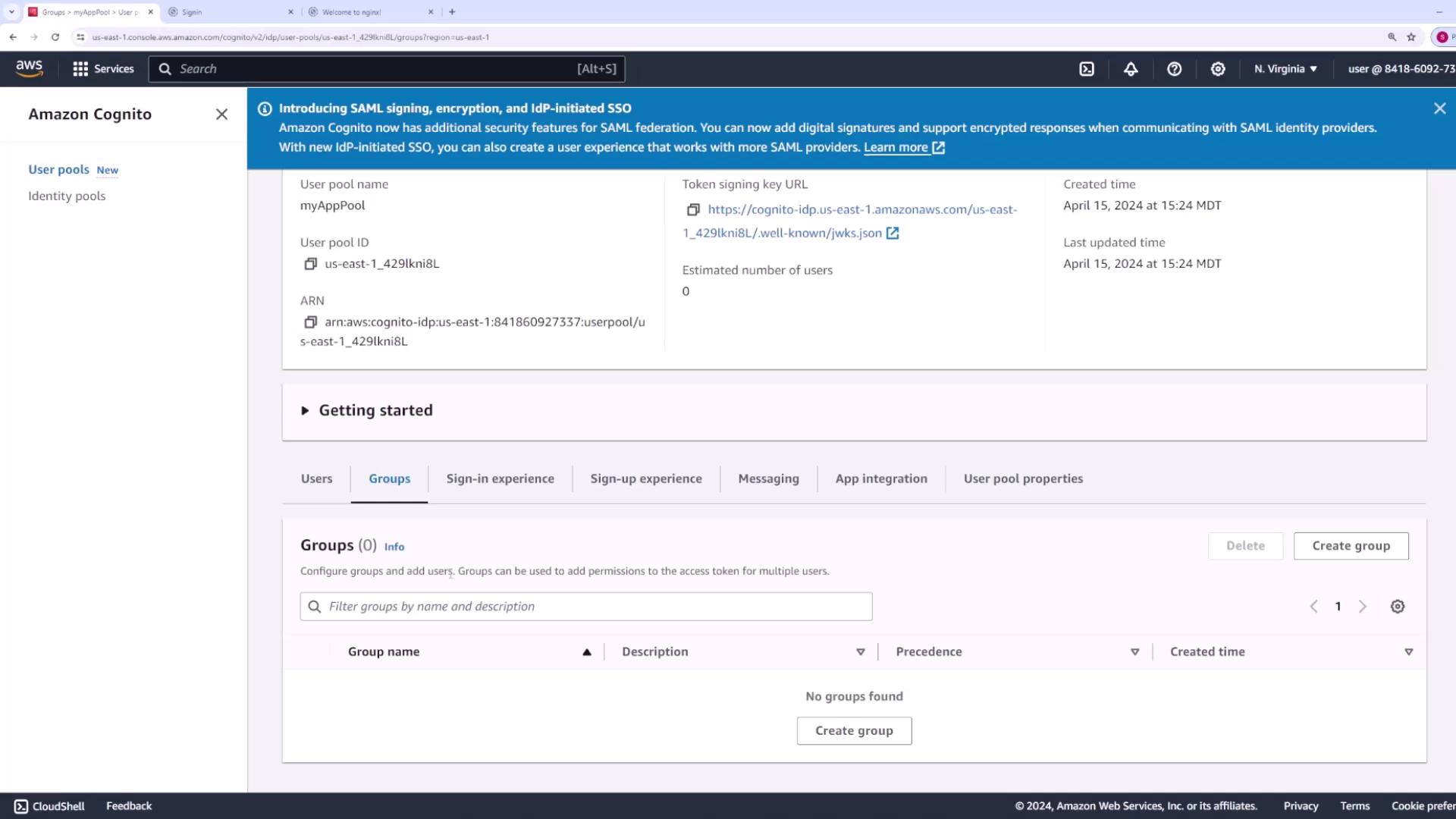 The image shows the Amazon Cognito user pool interface on AWS, displaying details about a user pool named "myAppPool" with options for managing groups and users.
