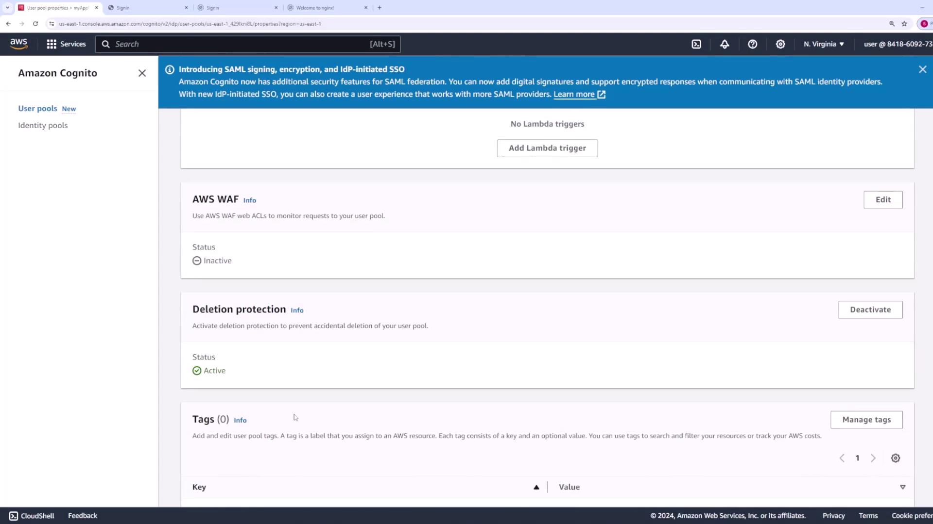 The image shows the Amazon Cognito user pool settings page on the AWS console, highlighting options for AWS WAF, deletion protection, and tags.