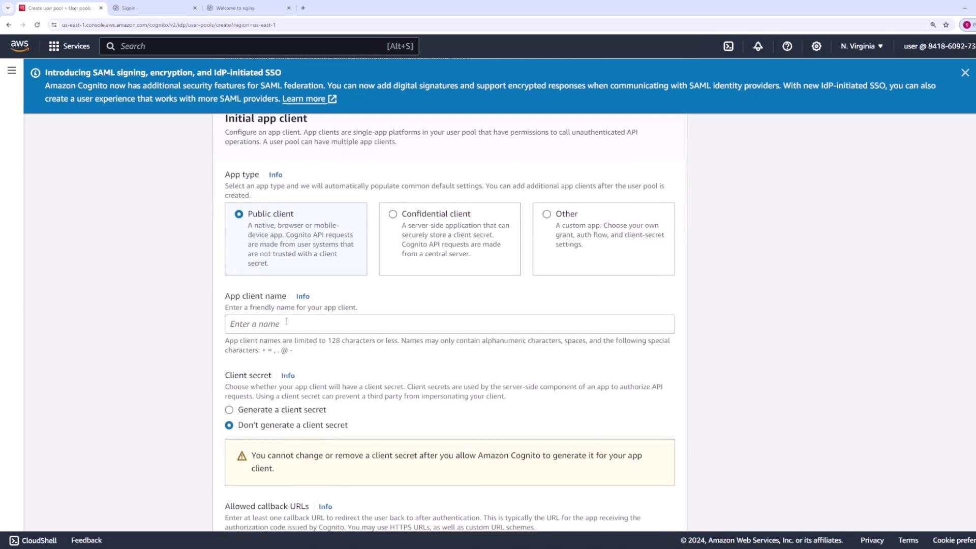 The image shows an AWS Cognito interface for creating an initial app client, with options to select the app type, enter an app client name, and choose whether to generate a client secret.