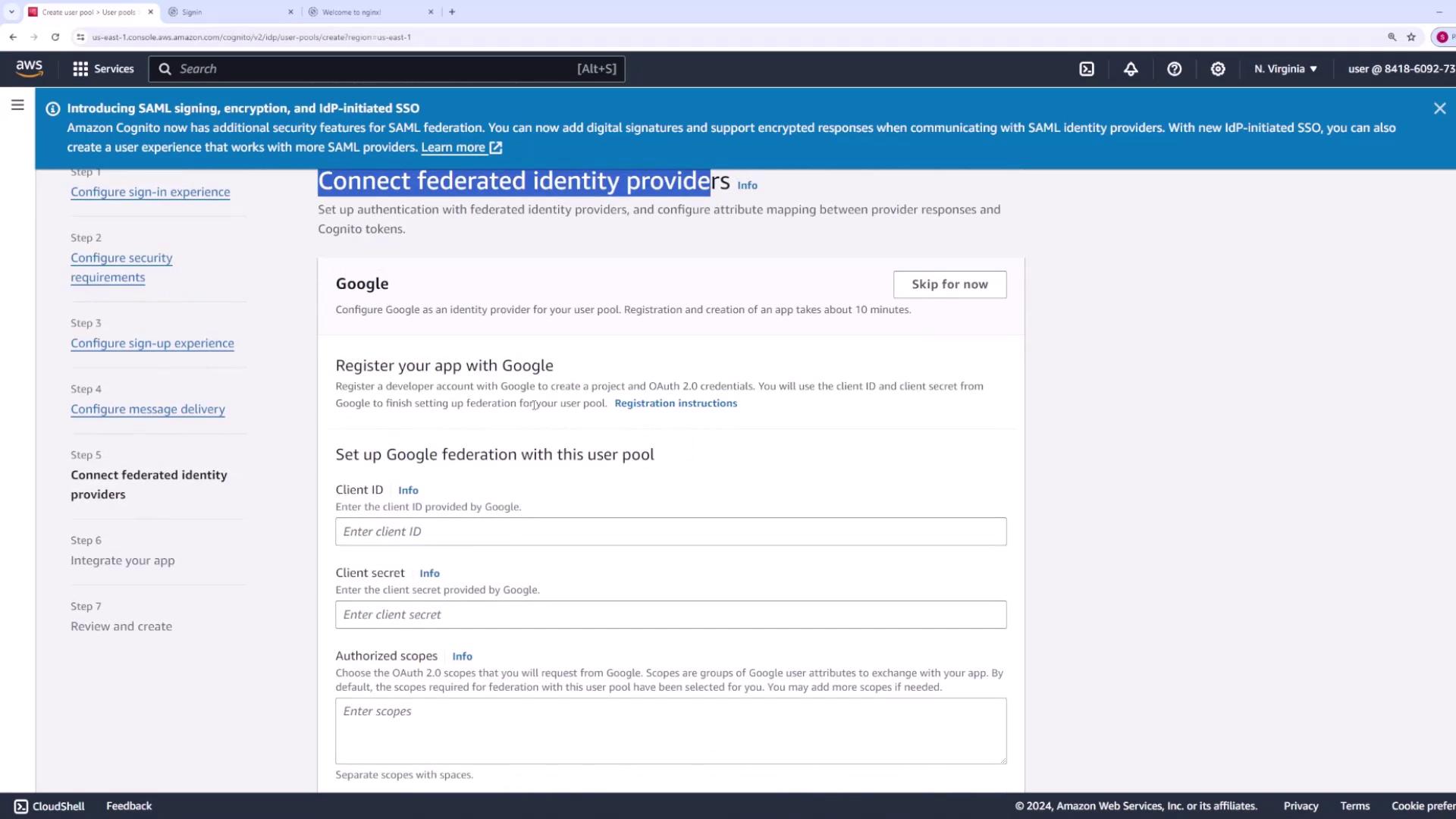 The image shows an AWS Cognito setup page for connecting federated identity providers, specifically for configuring Google as an identity provider. It includes fields for entering a client ID, client secret, and authorized scopes.