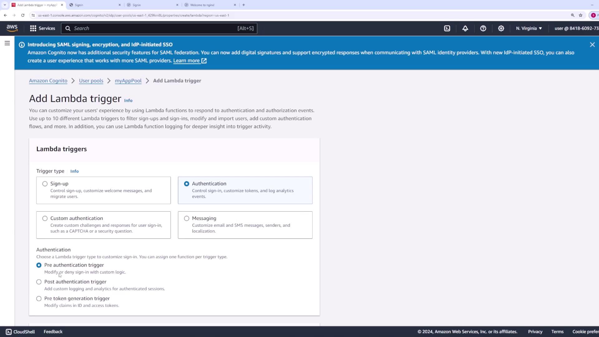The image shows an AWS console page for adding a Lambda trigger in Amazon Cognito, with options for different trigger types like sign-up, authentication, custom authentication, and messaging.