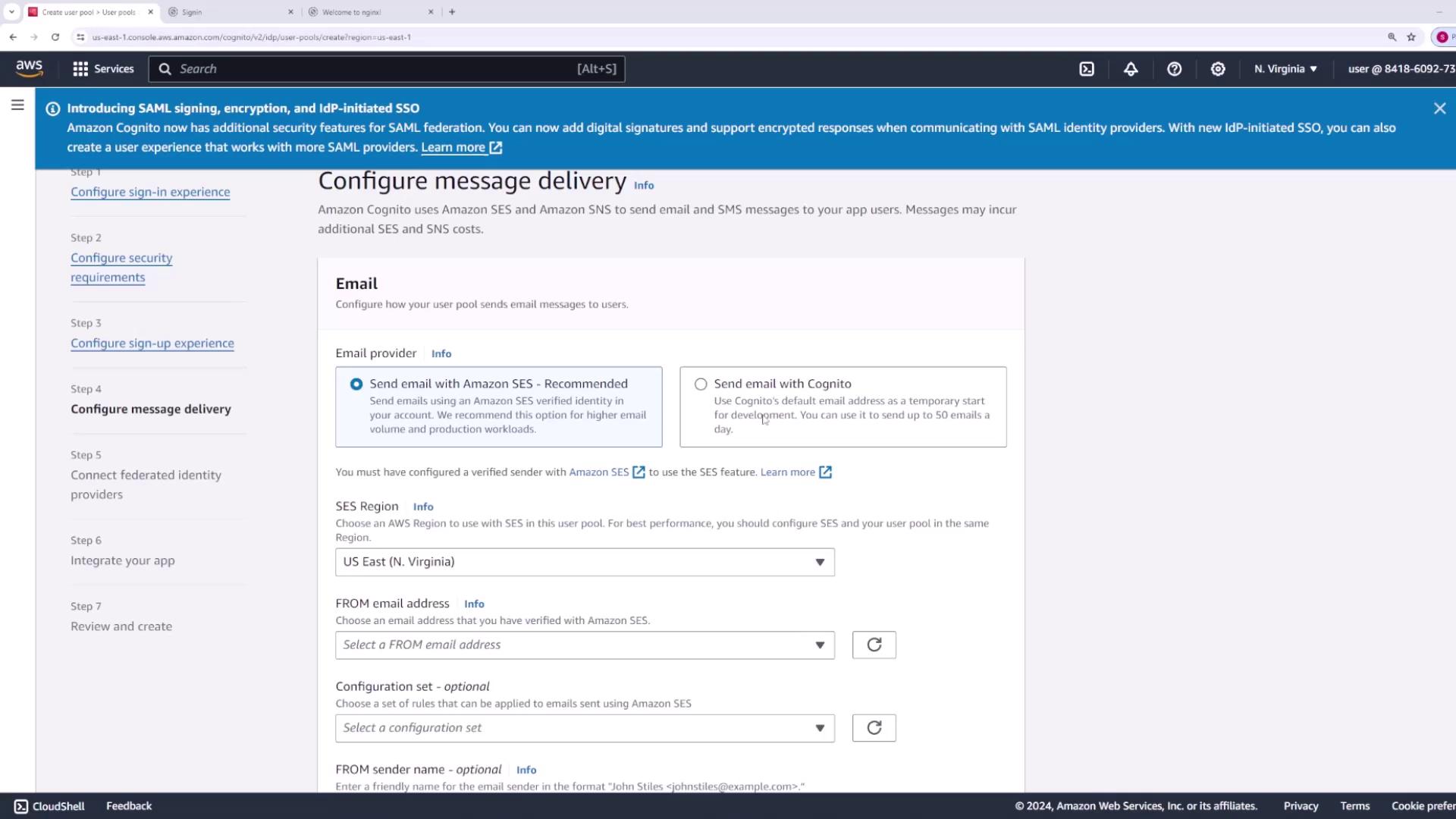 The image shows an AWS Cognito configuration page for setting up message delivery, with options to send emails using Amazon SES or Cognito. It includes settings for SES region, email address, and configuration set.