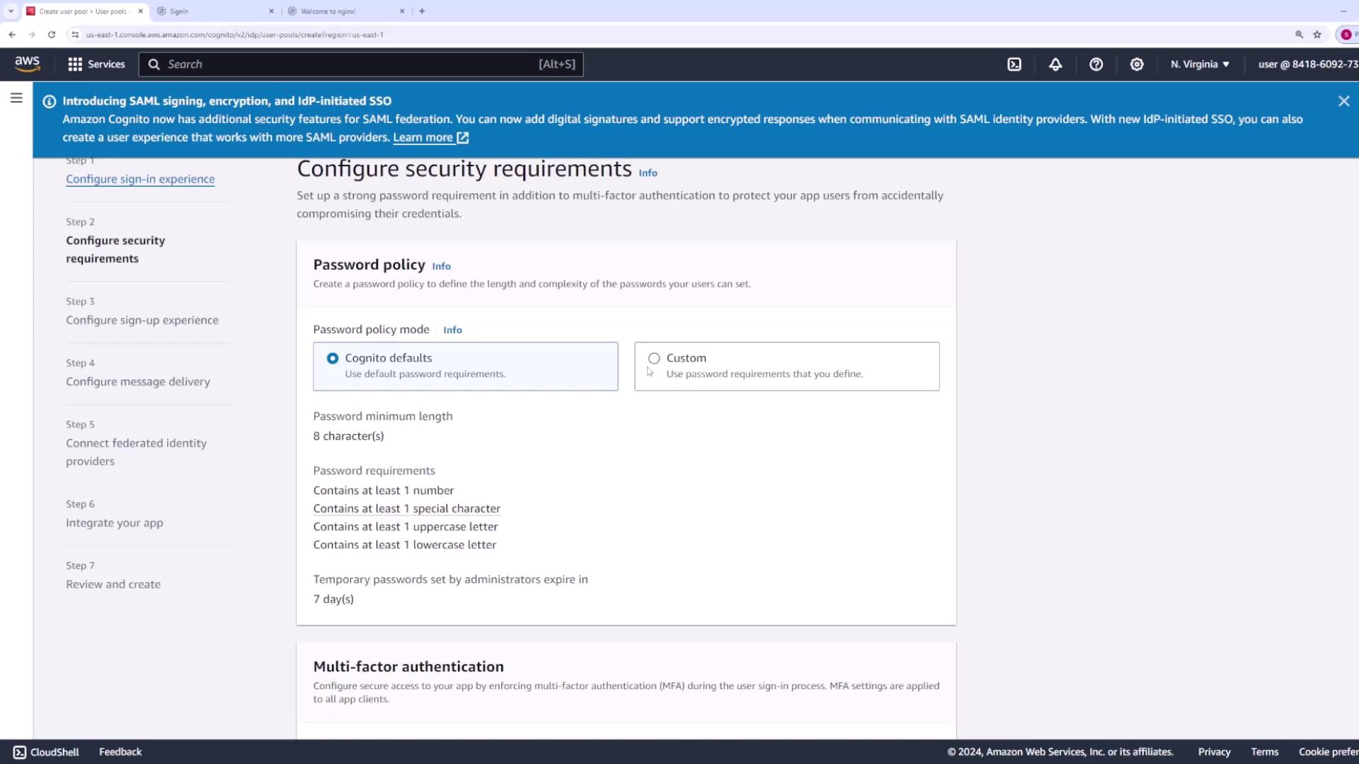 The image shows an AWS Cognito configuration page for setting security requirements, including password policies and multi-factor authentication options.