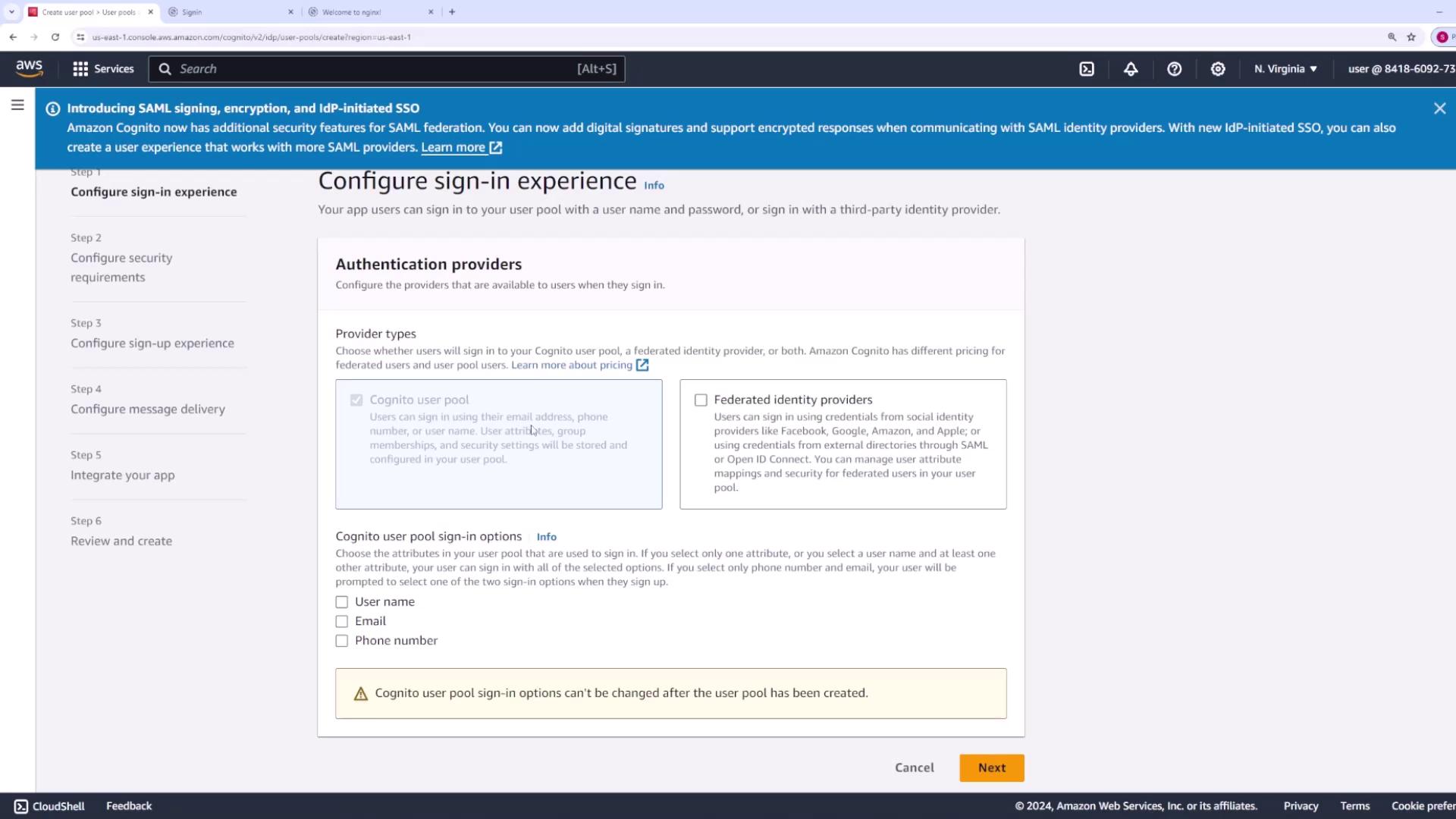 The image shows an AWS Cognito configuration screen for setting up sign-in experiences, with options for authentication providers and user pool sign-in options.
