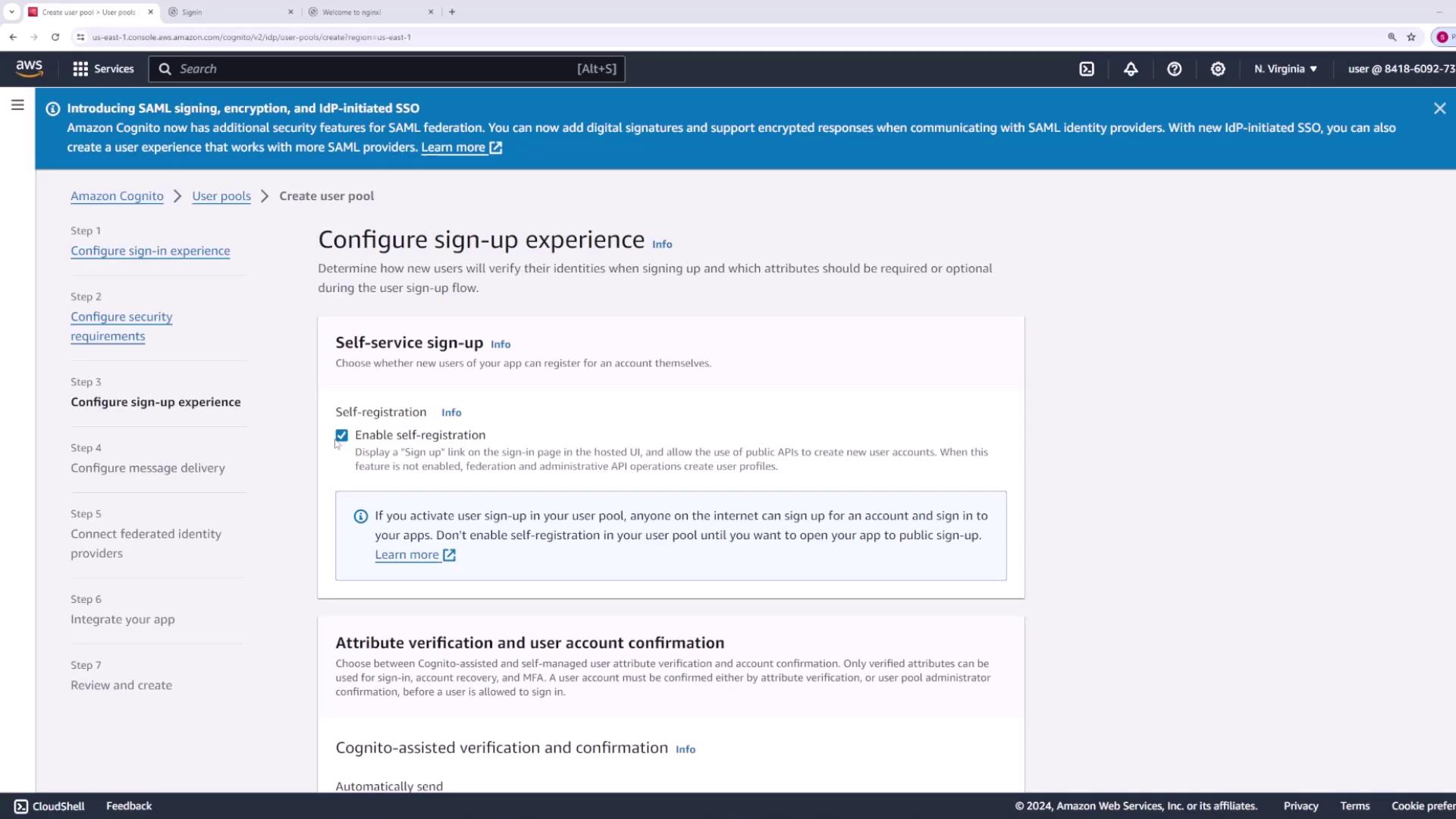 The image shows an AWS Cognito configuration page for setting up a sign-up experience, with options for enabling self-registration and attribute verification.