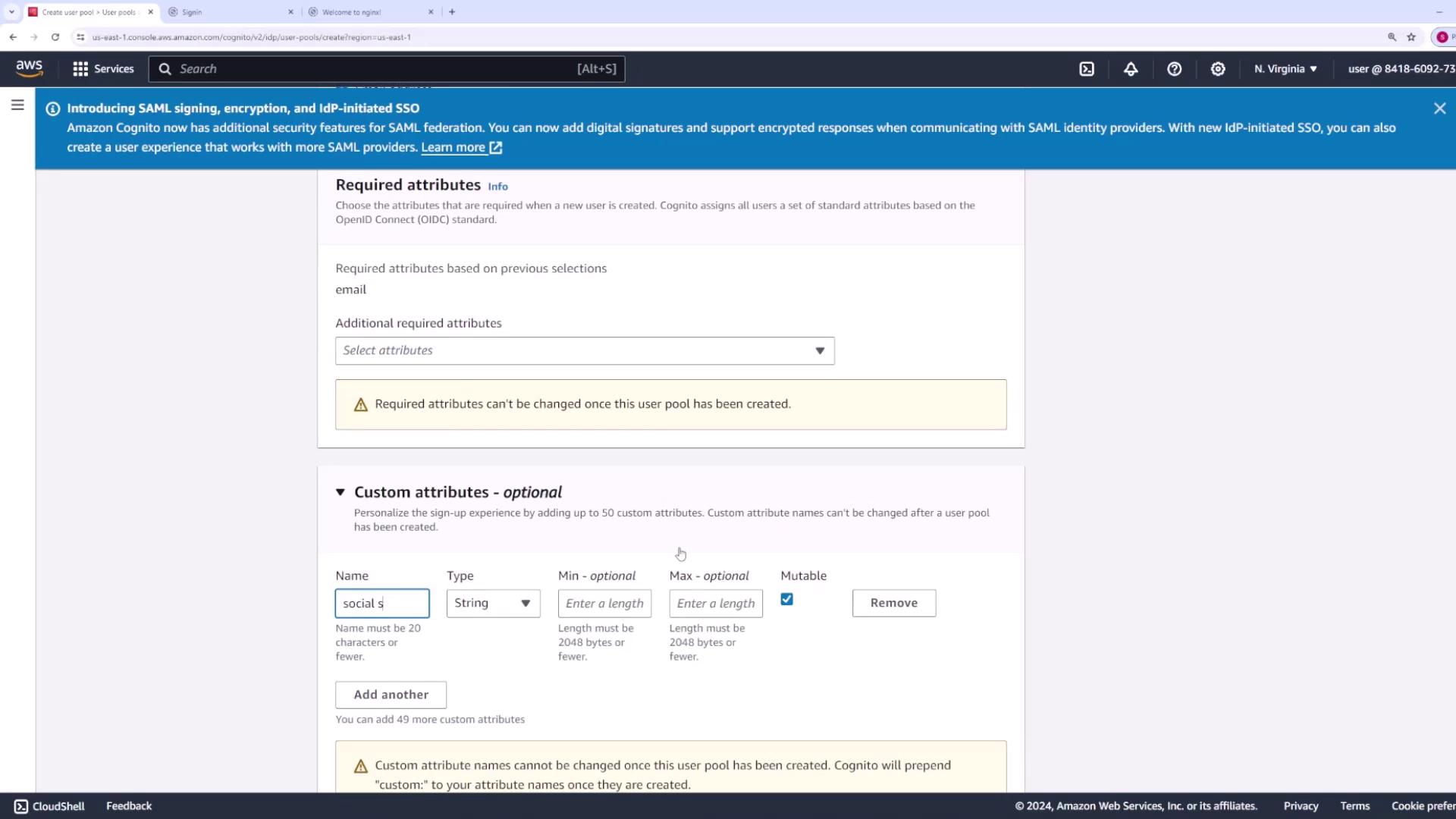 The image shows an AWS Cognito user pool configuration screen, where required and custom attributes for user sign-up are being set.