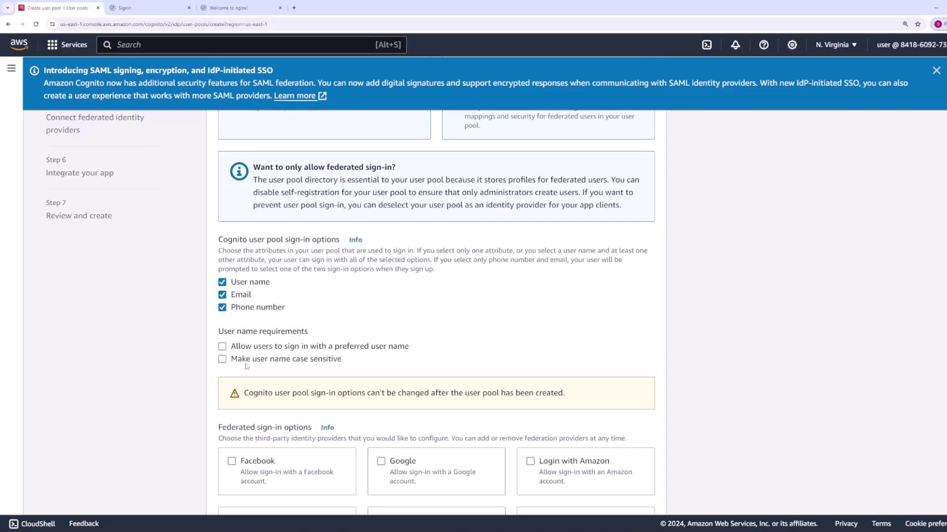 The image shows an AWS Cognito user pool configuration screen, where options for user sign-in methods and federated identity providers are being set up.