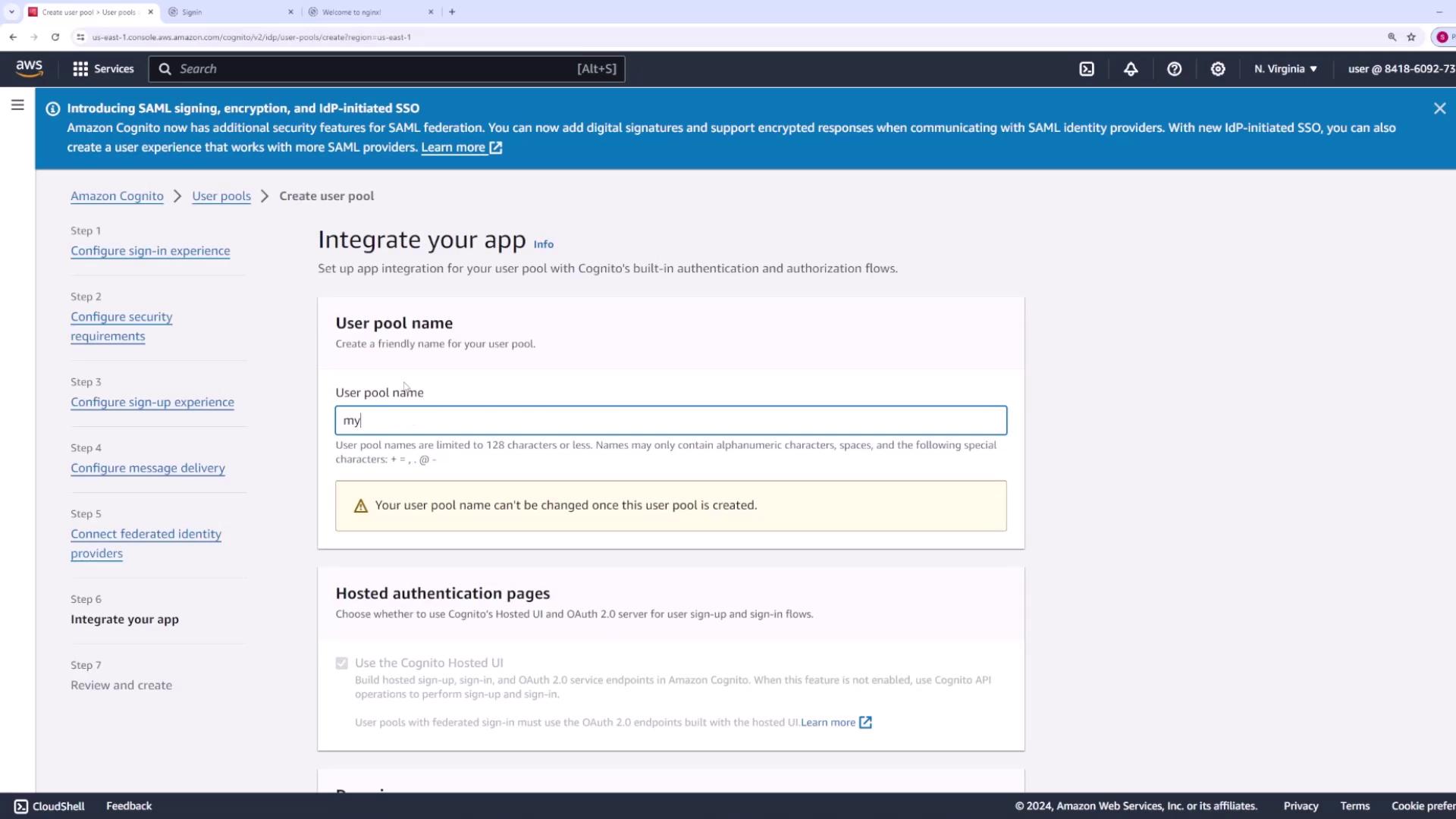 The image shows an AWS Cognito interface for creating a user pool, with fields for entering a user pool name and options for integrating an app.