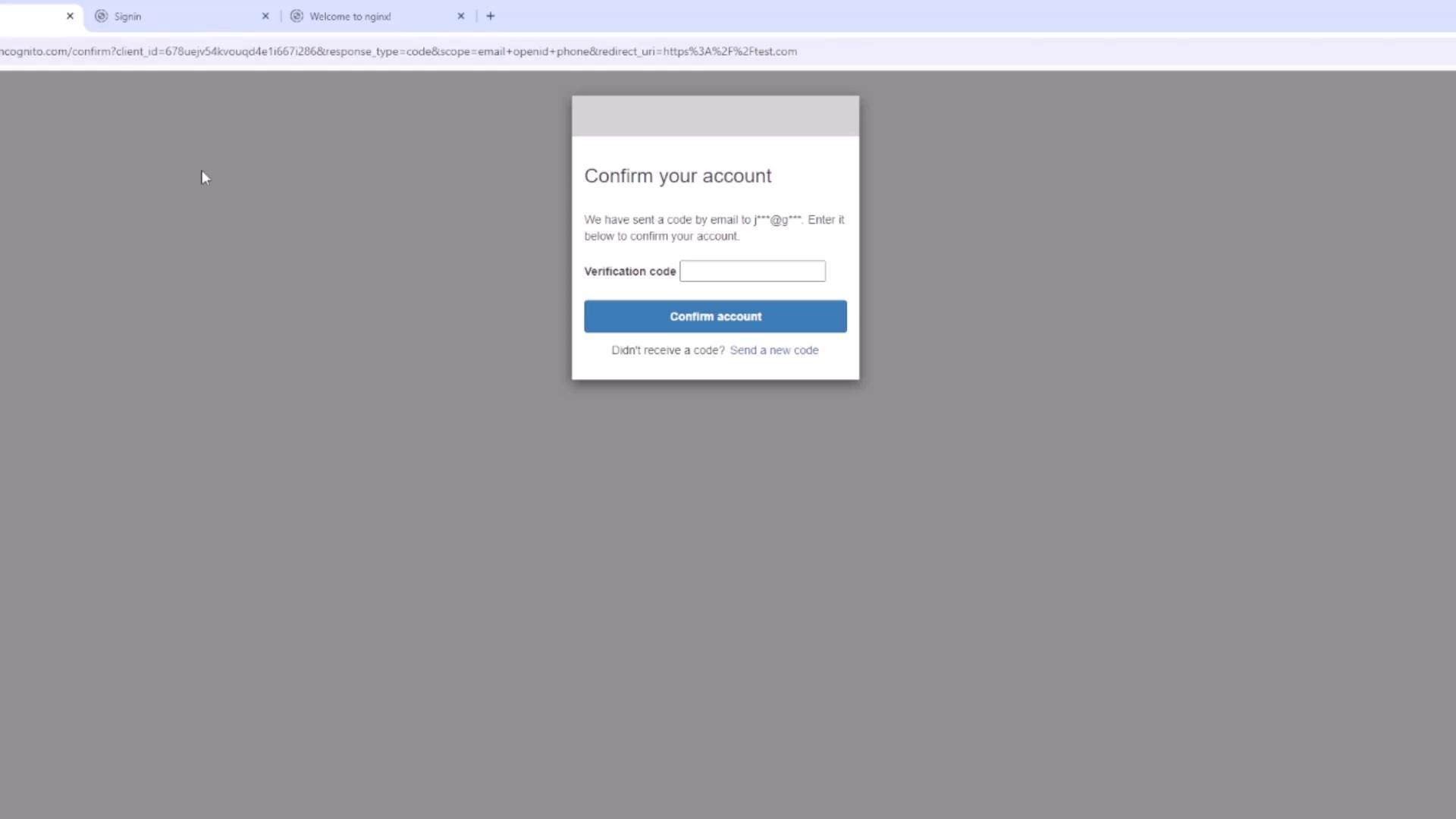 The image shows a web page with a "Confirm your account" prompt, asking for a verification code sent via email. There is a field to enter the code and a button to confirm the account.