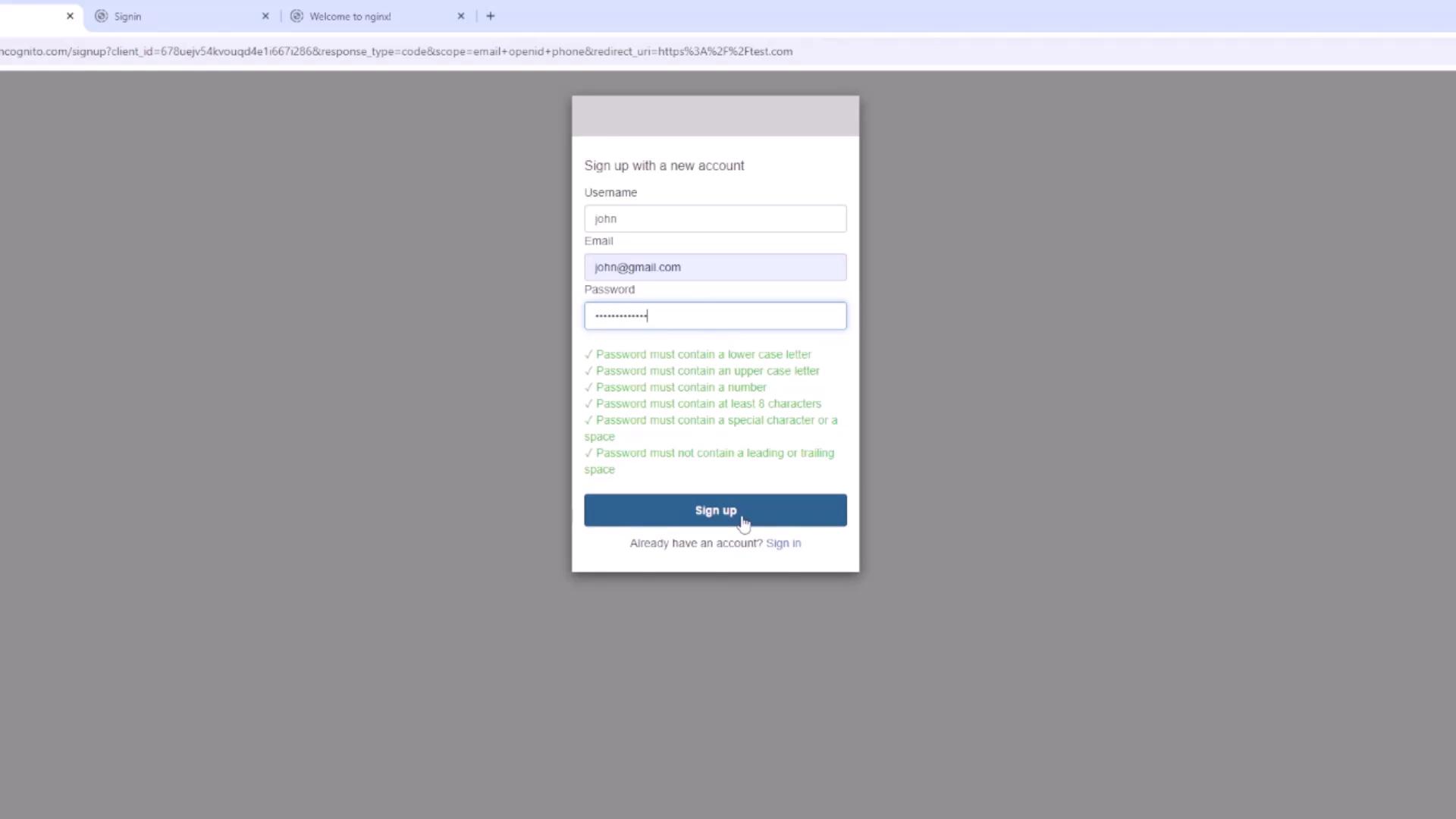 The image shows a sign-up form for creating a new account, with fields for username, email, and password, along with password requirements listed below. A cursor is hovering over the "Sign up" button.