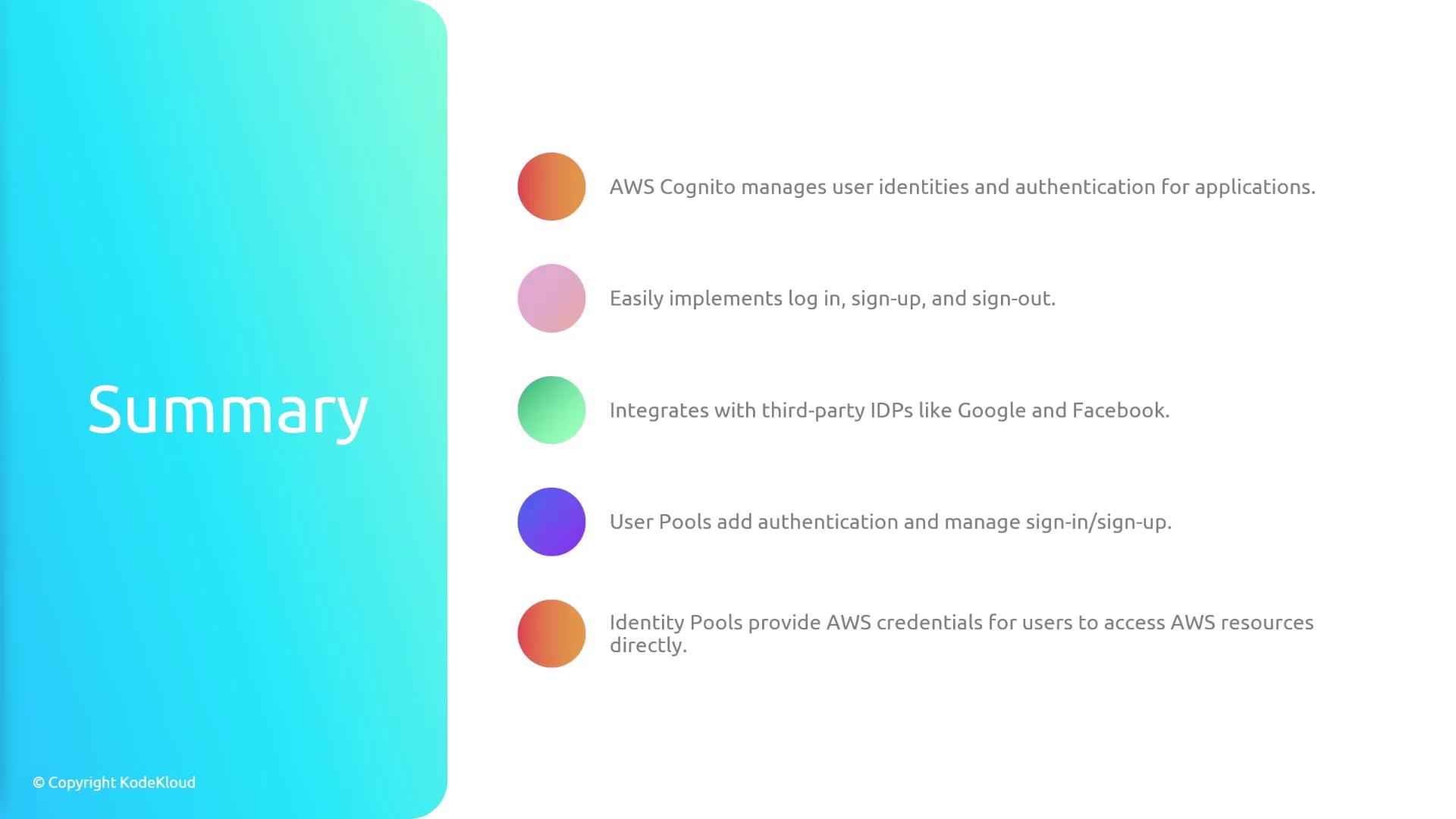 The image is a summary of AWS Cognito features, highlighting its management of user identities, integration with third-party IDPs, and the roles of User Pools and Identity Pools. It uses colorful icons to represent each point.