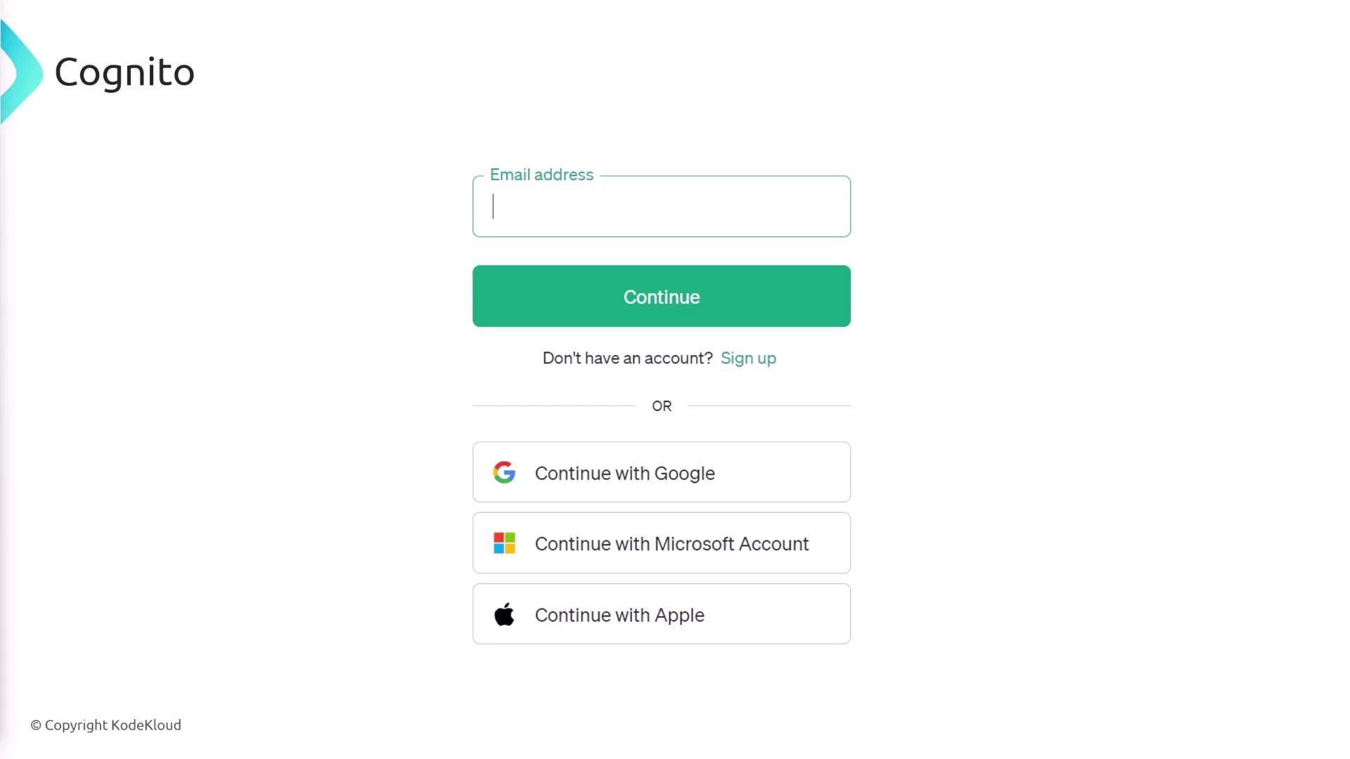 The image shows a login page for "Cognito" with options to sign in using an email address or continue with Google, Microsoft, or Apple accounts.