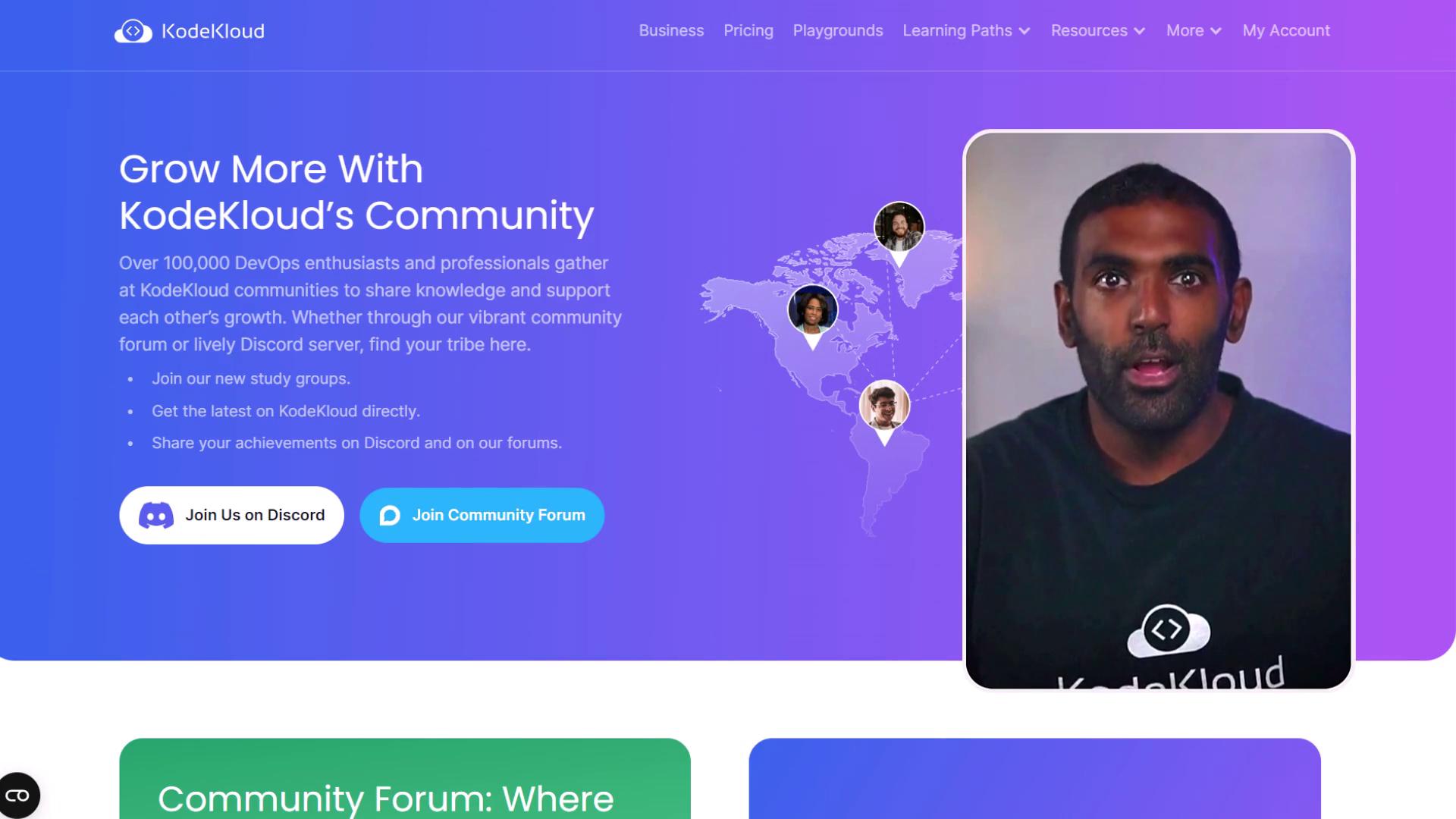 The image is a promotional graphic for KodeKloud's community, featuring a person on the right and a world map with profile icons on the left. It encourages joining their Discord and community forum.