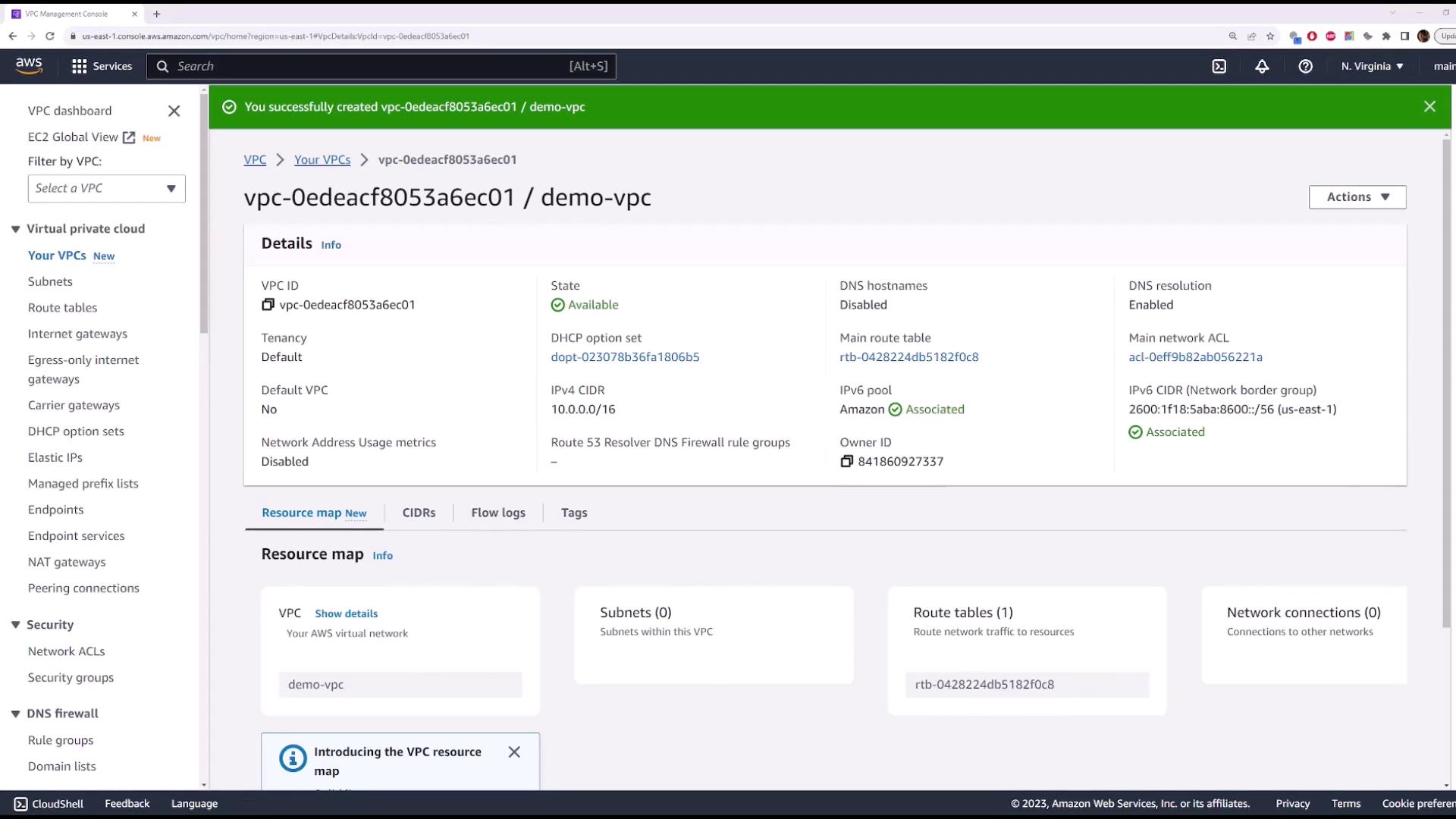 The image shows an AWS Management Console screen displaying details of a Virtual Private Cloud (VPC) named "demo-vpc," including its state, CIDR, and associated resources.