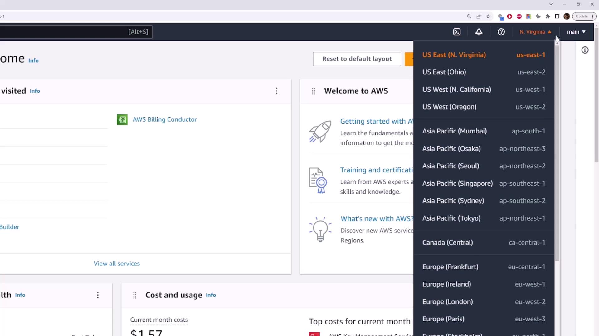 The image shows an AWS Management Console with a dropdown menu displaying various AWS regions. The console includes sections for getting started, training, and cost usage information.