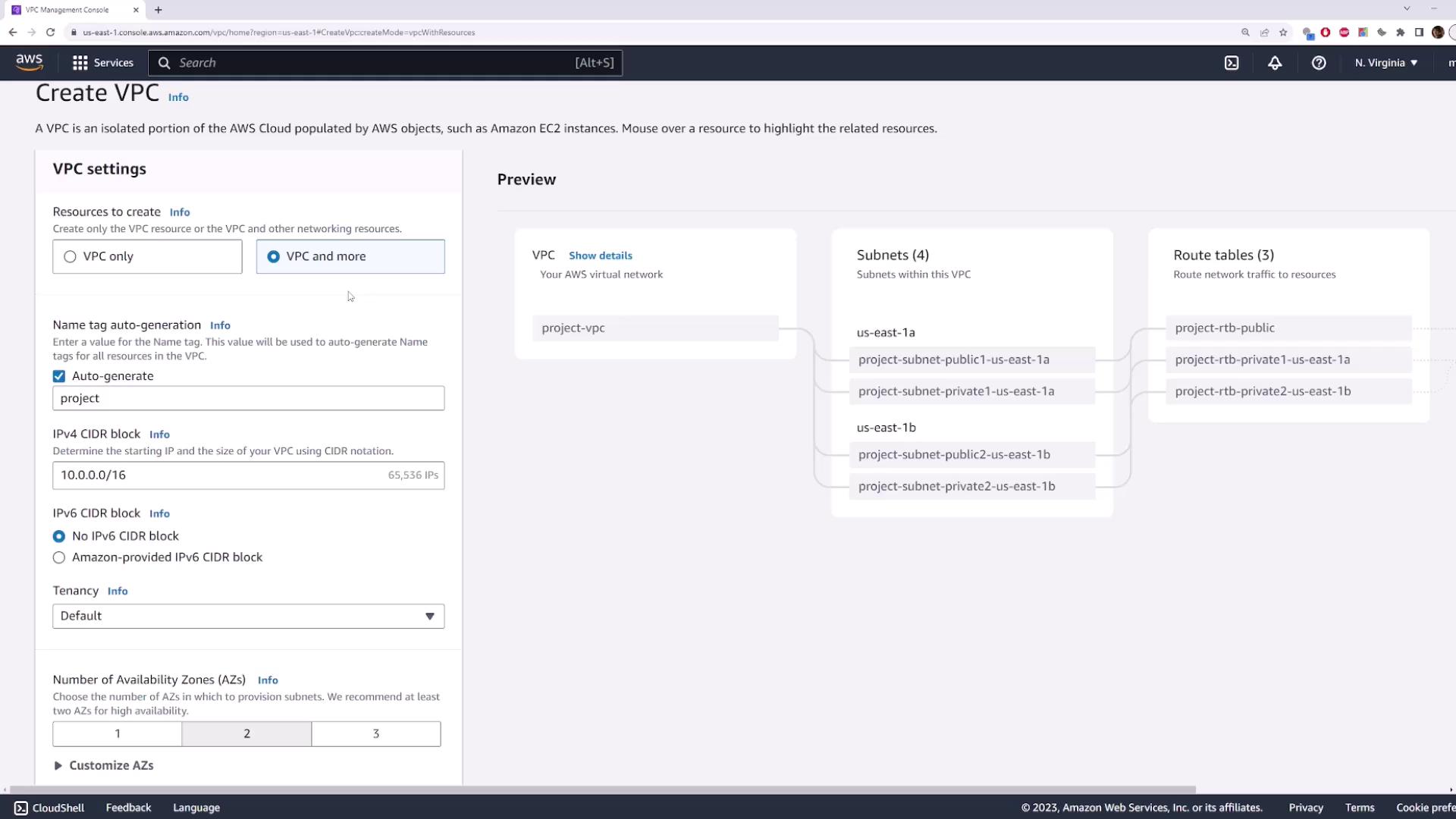 The image shows the AWS Management Console interface for creating a VPC, displaying settings for resources, name tag auto-generation, CIDR blocks, and a preview of subnets and route tables.