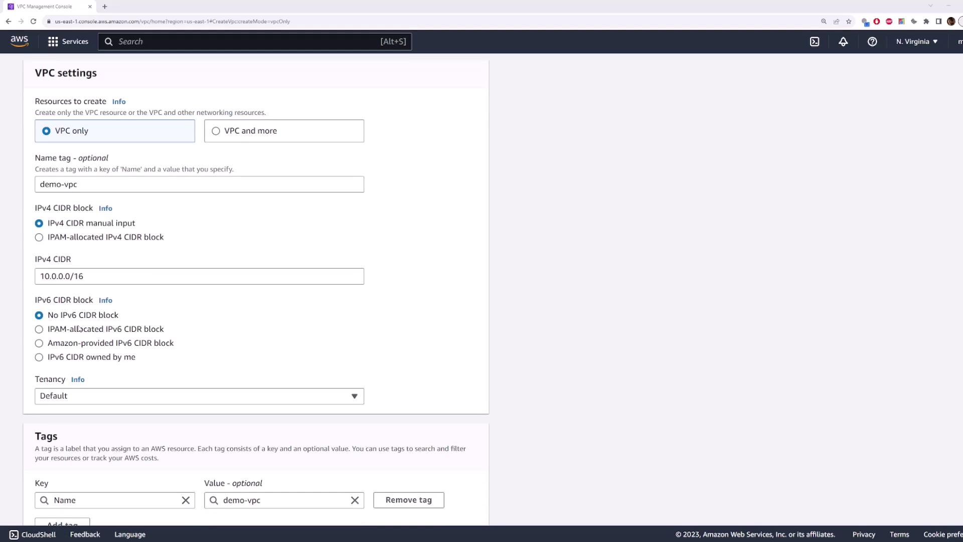 The image shows the AWS Management Console with the VPC settings page open, where a user is configuring a new VPC with options for IPv4 and IPv6 CIDR blocks and tagging.