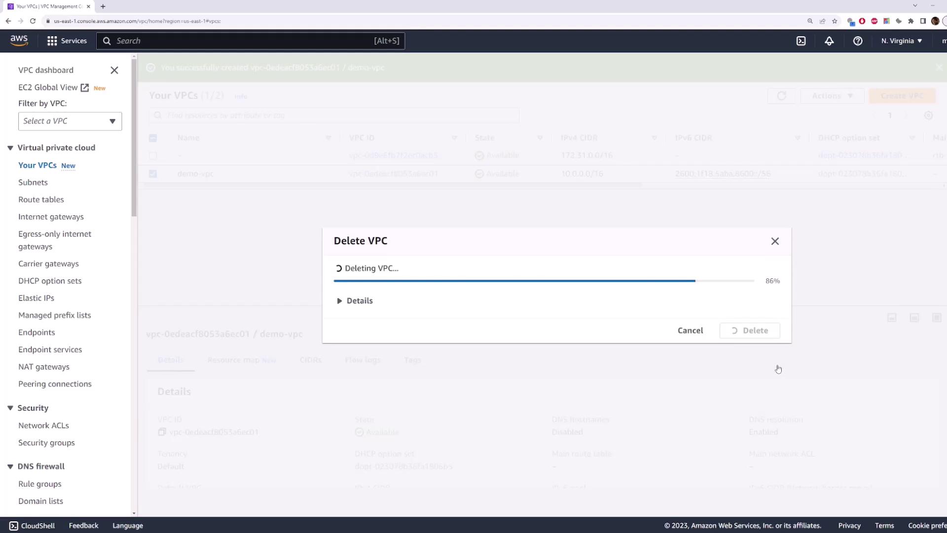 The image shows an AWS VPC Management Console with a progress bar indicating that a VPC is being deleted, currently at 86%.