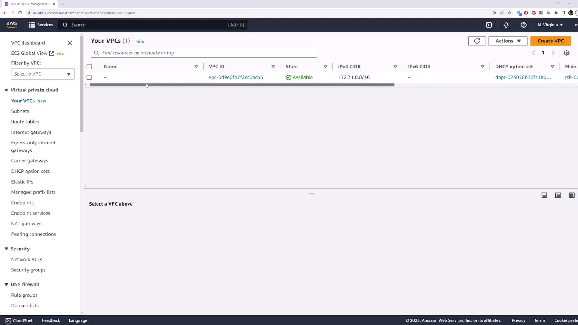 The image shows the AWS VPC Management Console, displaying a list of virtual private clouds (VPCs) with one VPC available. The left sidebar contains navigation options for various VPC-related services.