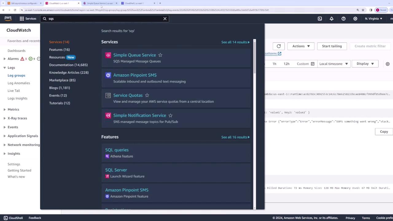 The image shows an AWS CloudWatch interface with a search for "sqs" displaying services like Simple Queue Service and Amazon Pinpoint SMS. The right side shows log details with an error message.