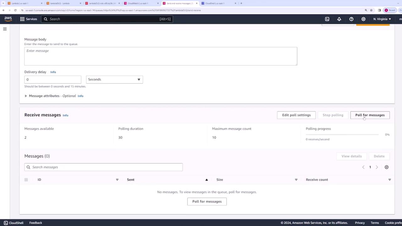 The image shows an AWS console interface for sending and receiving messages, with options to enter a message, set delivery delay, and poll for messages. It displays message polling settings and indicates that there are two messages available.