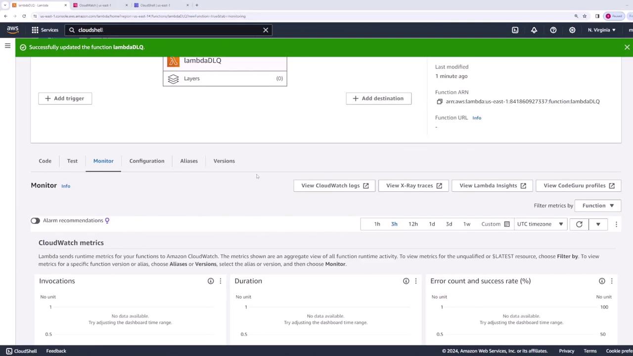 The image shows an AWS Lambda console screen with a function named "lambdaDLQ" successfully updated. It displays monitoring metrics such as invocations, duration, and error count in the CloudWatch section.