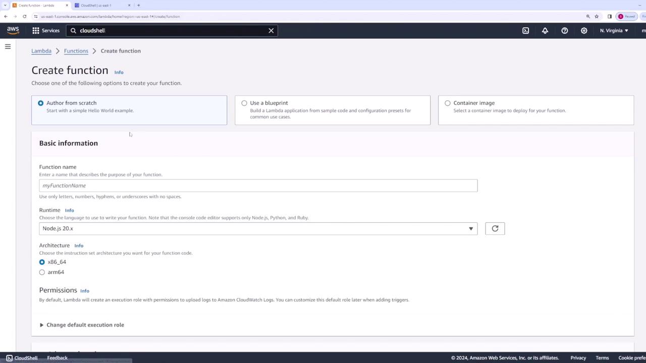 The image shows the AWS Lambda console where a user is creating a new function. Options for authoring from scratch, using a blueprint, or a container image are available, along with fields for function name, runtime, and architecture.