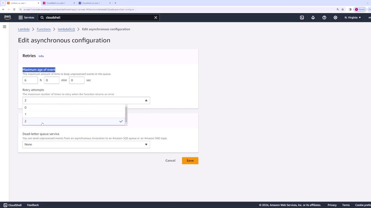 The image shows the AWS Lambda console, specifically the "Edit asynchronous configuration" page. It includes settings for maximum age of event, retry attempts, and dead-letter queue service.