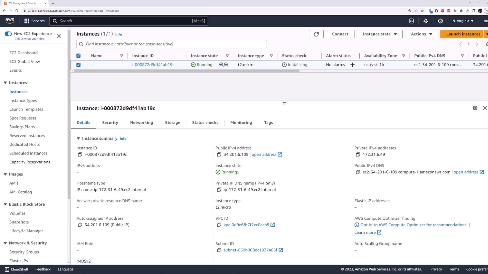 The image shows an AWS Management Console displaying details of a running EC2 instance, including its instance ID, public and private IP addresses, and instance type.