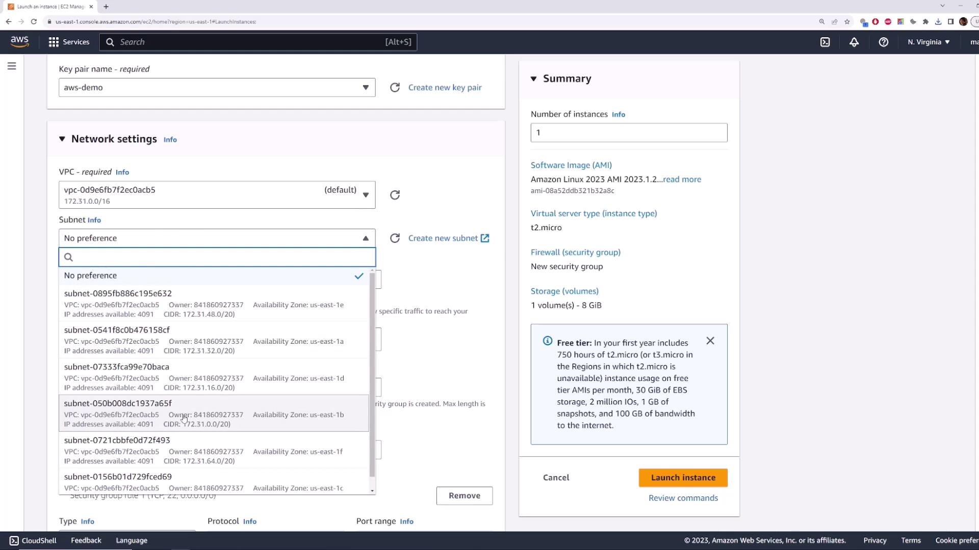 The image shows an AWS EC2 management console where a user is configuring network settings and reviewing instance details before launching an instance.