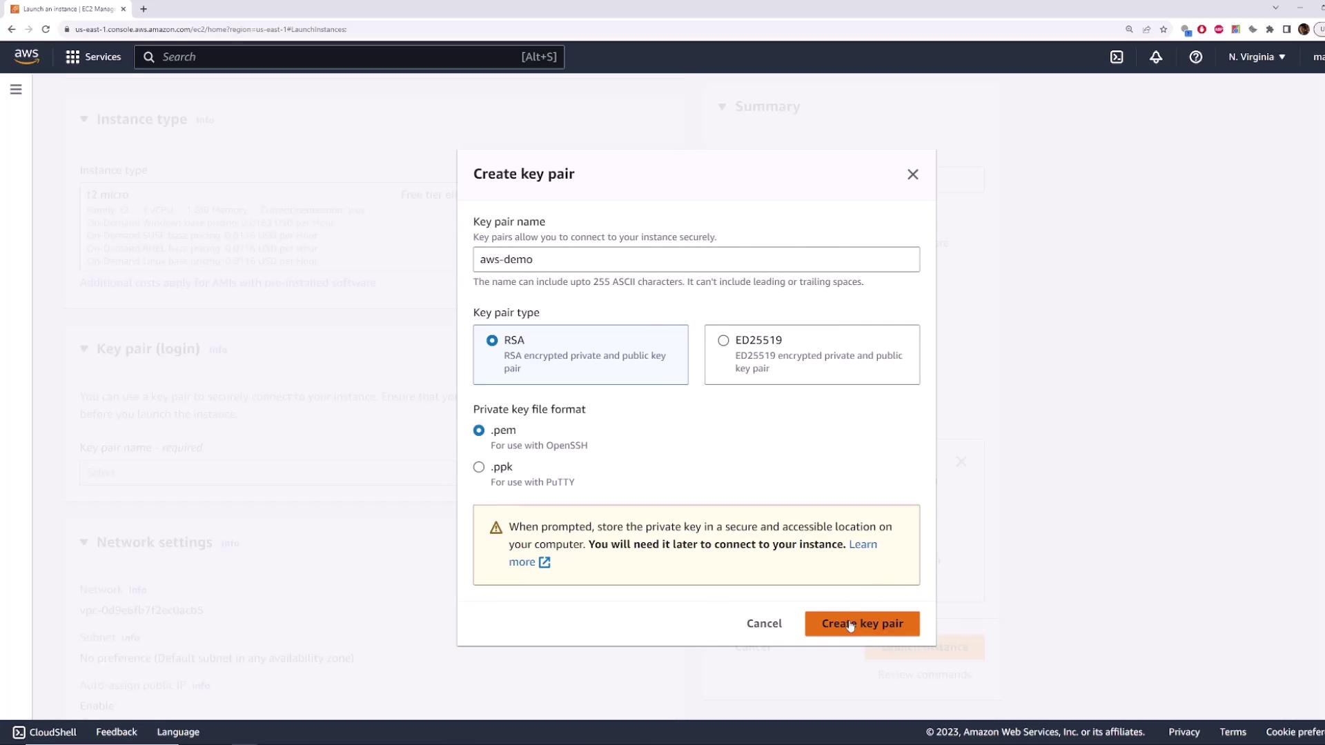 The image shows a dialog box in the AWS Management Console for creating a key pair, with options to specify the key pair name, type, and private key file format.