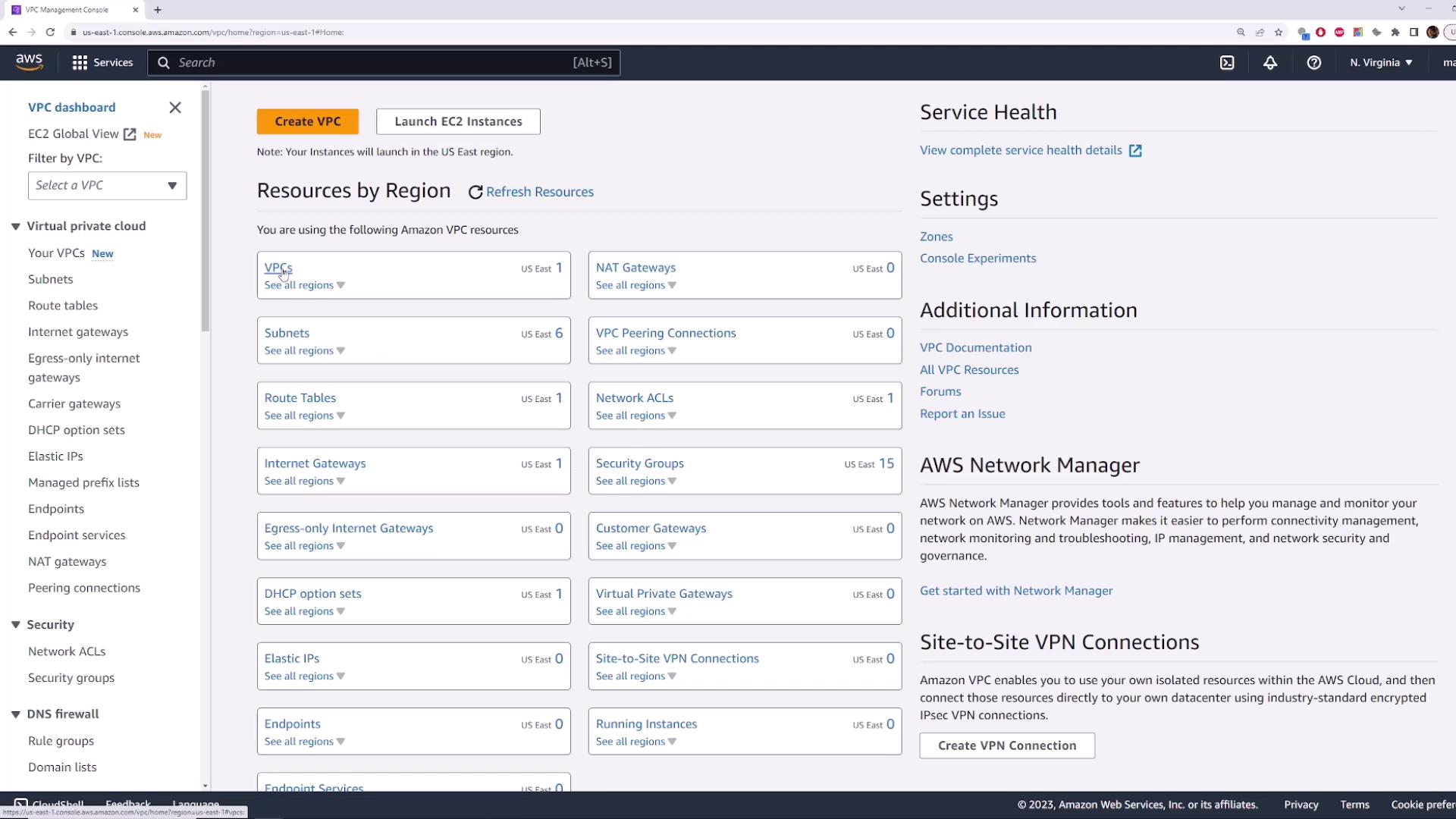 The image shows the AWS Management Console, specifically the VPC dashboard, displaying various resources and settings related to virtual private clouds in the US East region.